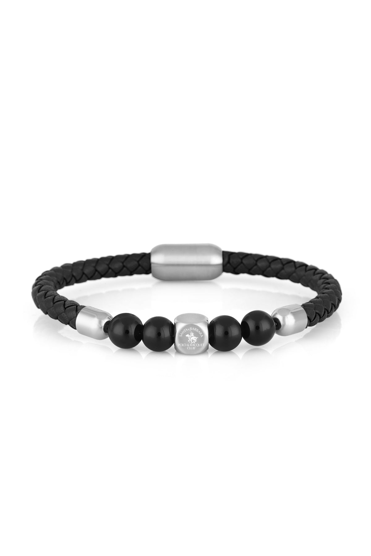 A black braided leather bracelet with a central row of black beads, including one clear faceted crystal, and polished silver-toned metal accents and clasp, shown on a white background.