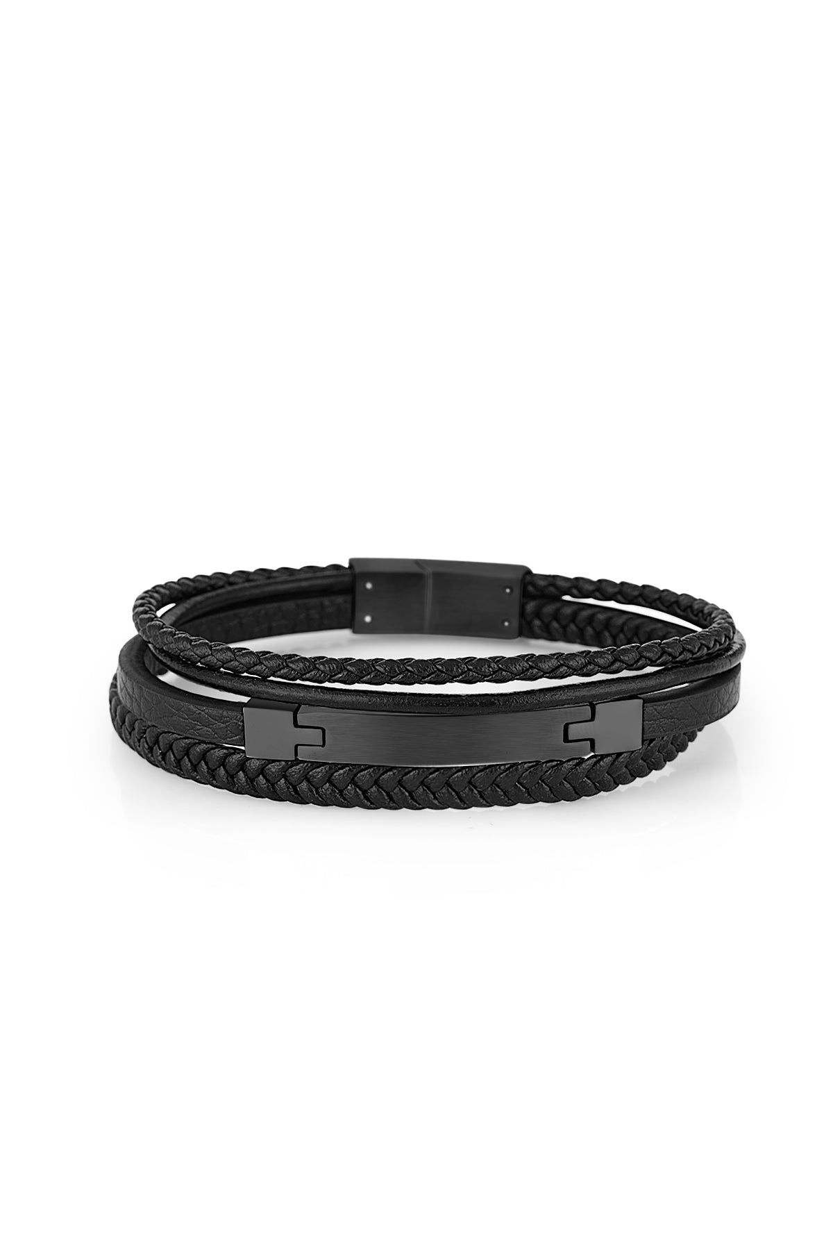 Black braided leather bracelet with metal clasp on a white background
