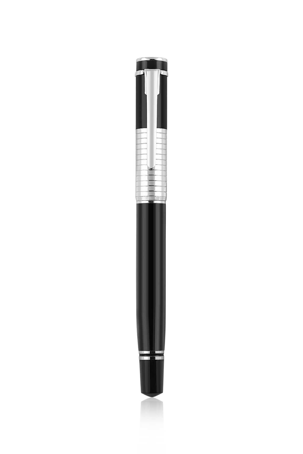 Black and silver pen on a white background