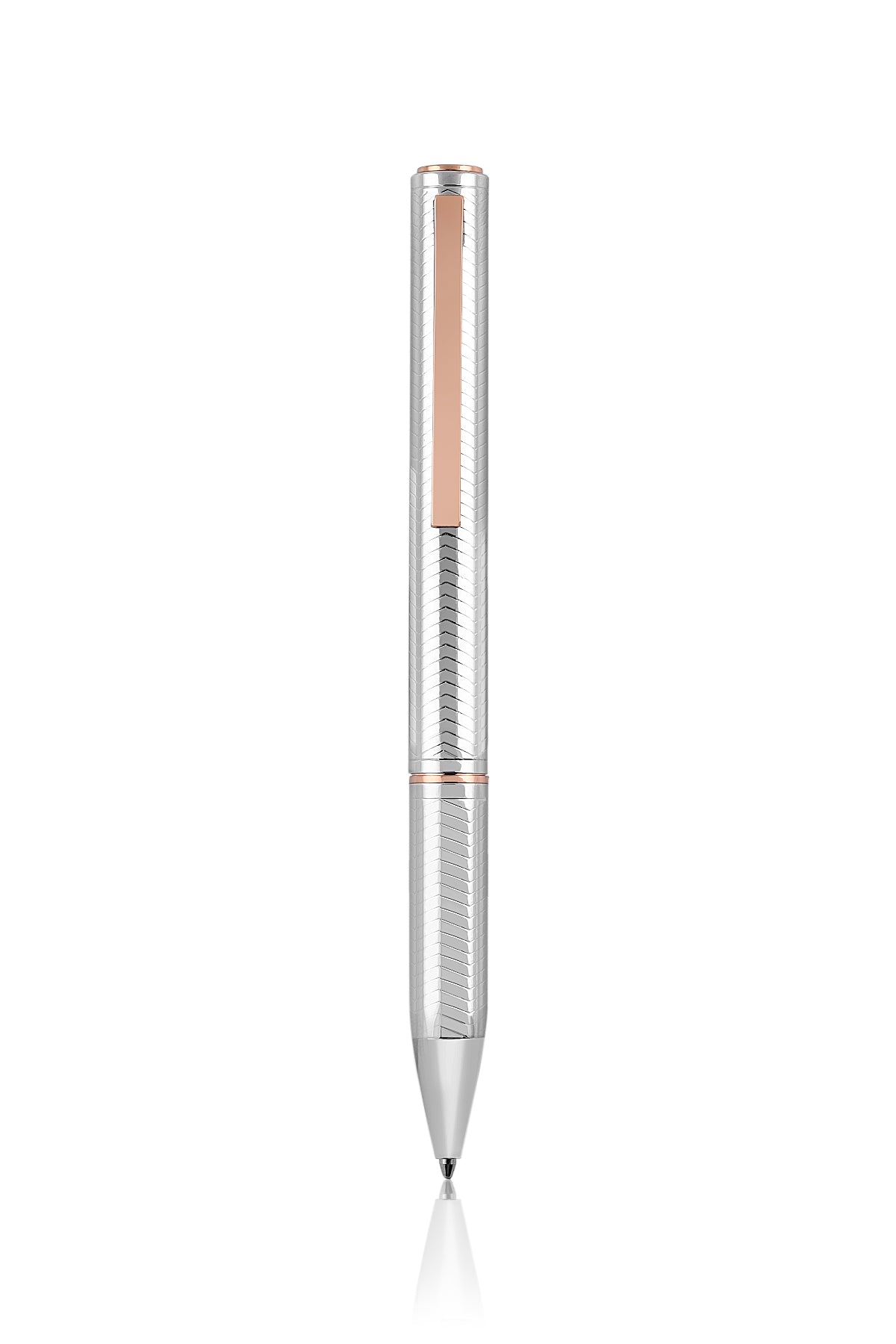 Silver pen with rose gold accents on a white background