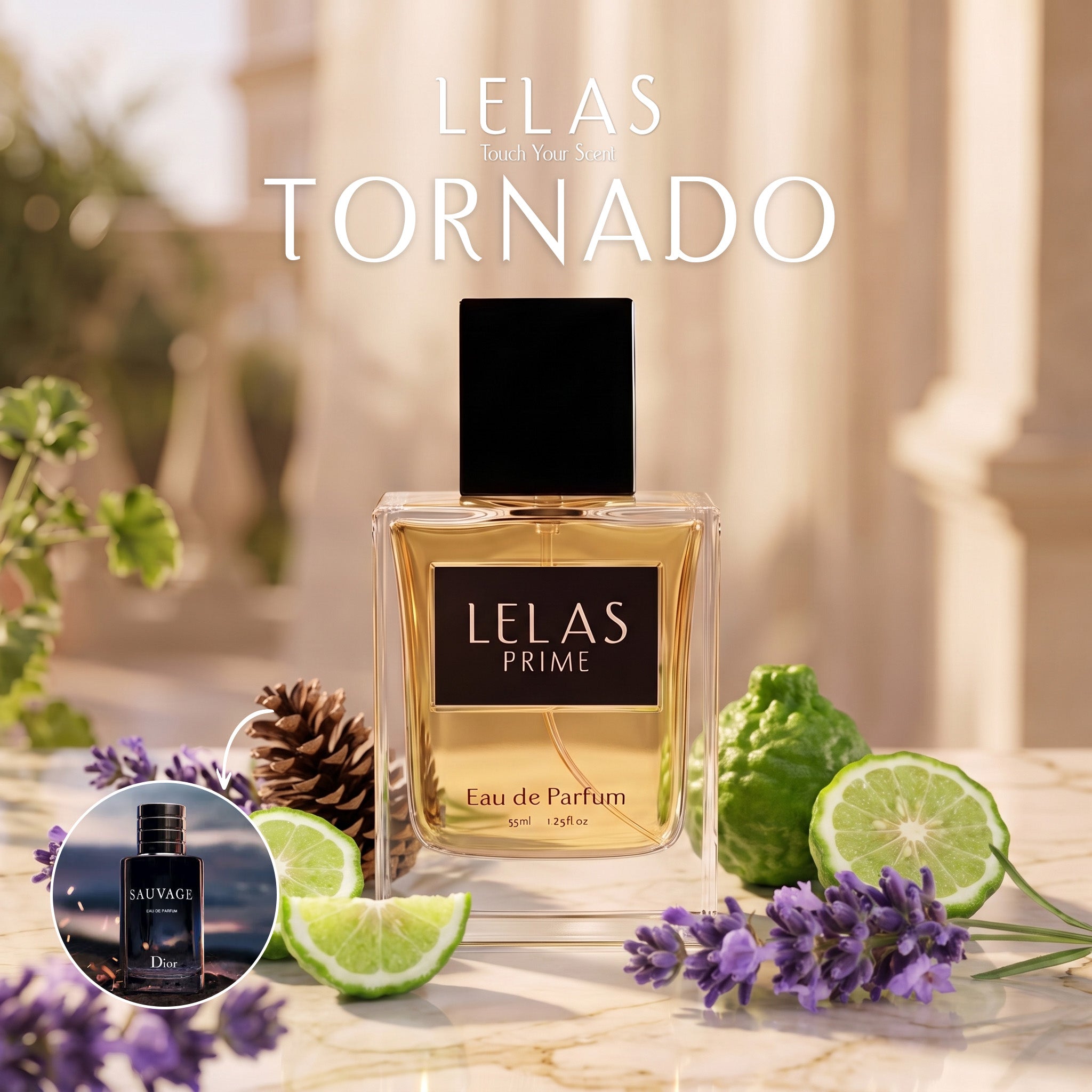 A bottle of LELAS PRIME Eau de Parfum is centered on a marble surface with decorative purple flowers, green limes, and a pinecone. Large text at the top reads 'LELAS TORNADO,' and a small inset circle in the lower left shows the perfume bottle against a dark background.