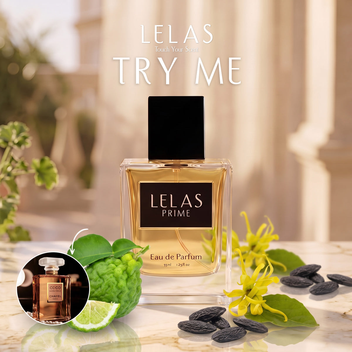 A bottle of LELAS PRIME Eau de Parfum is centered on a marble surface with decorative green leaves, yellow flowers, and black seeds. Large text at the top reads 'LELAS TRY ME', and a small circular inset shows the perfume bottle with a cap off.