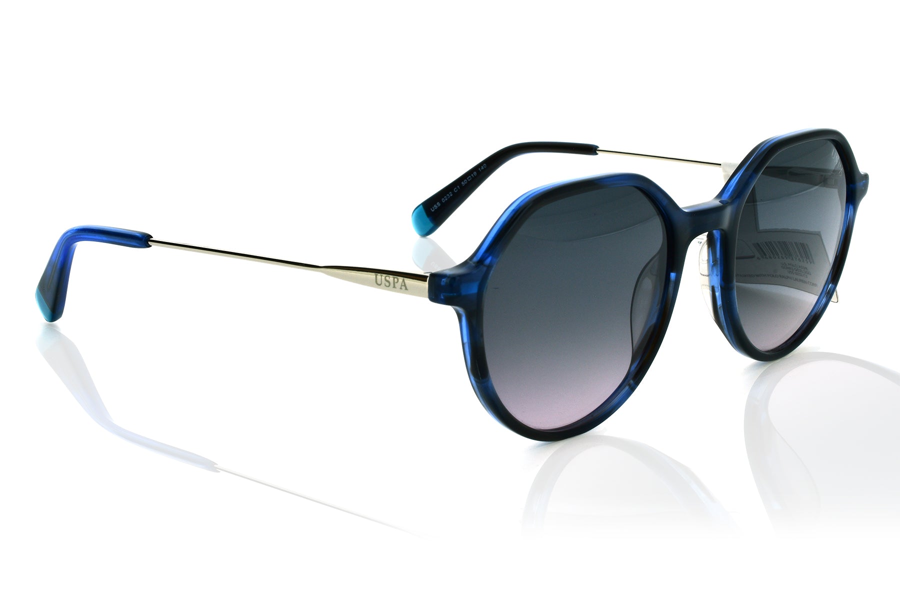 Blue sunglasses with a reflective surface on a white background