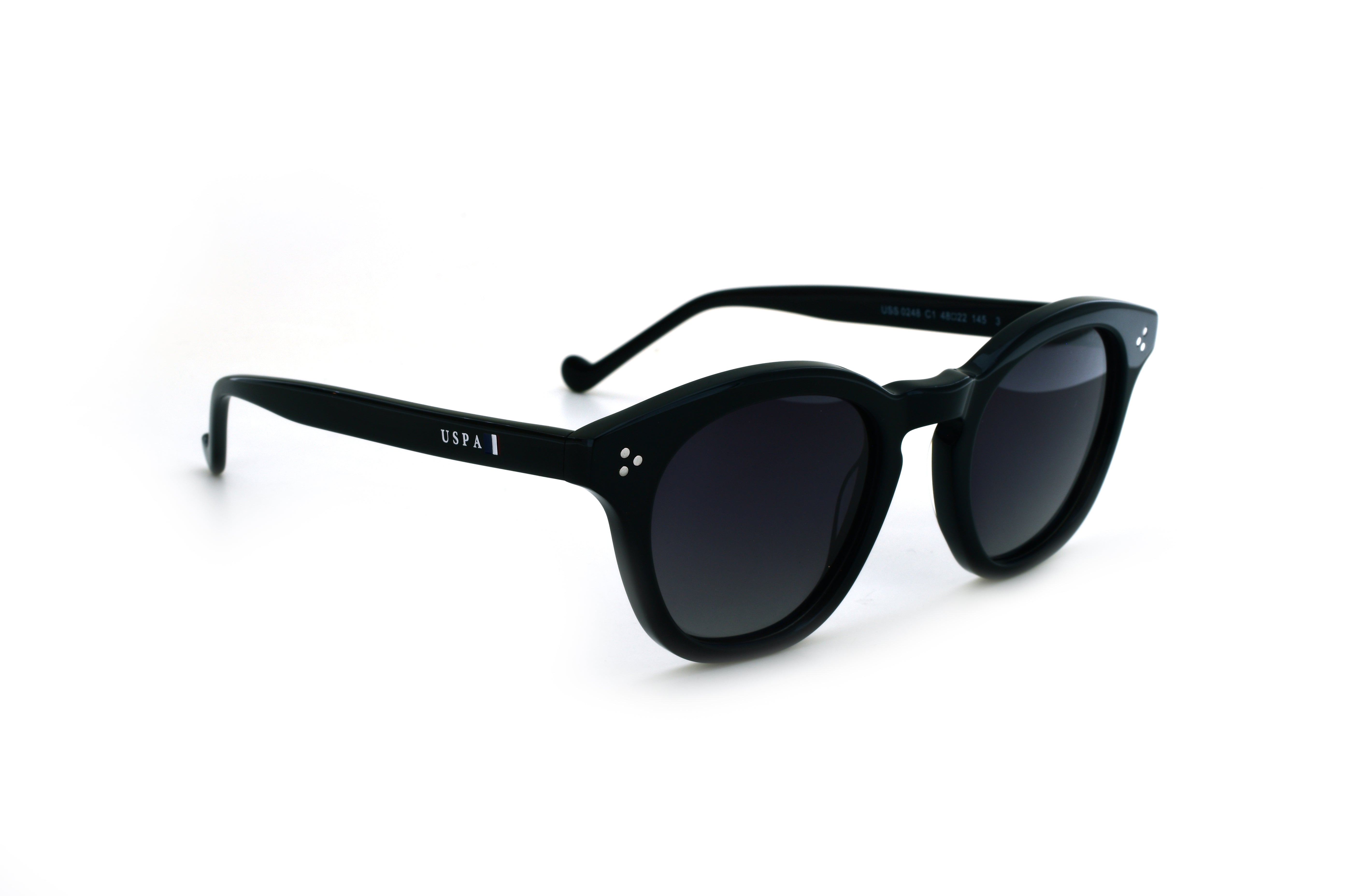 Black sunglasses with a brand logo on a white background