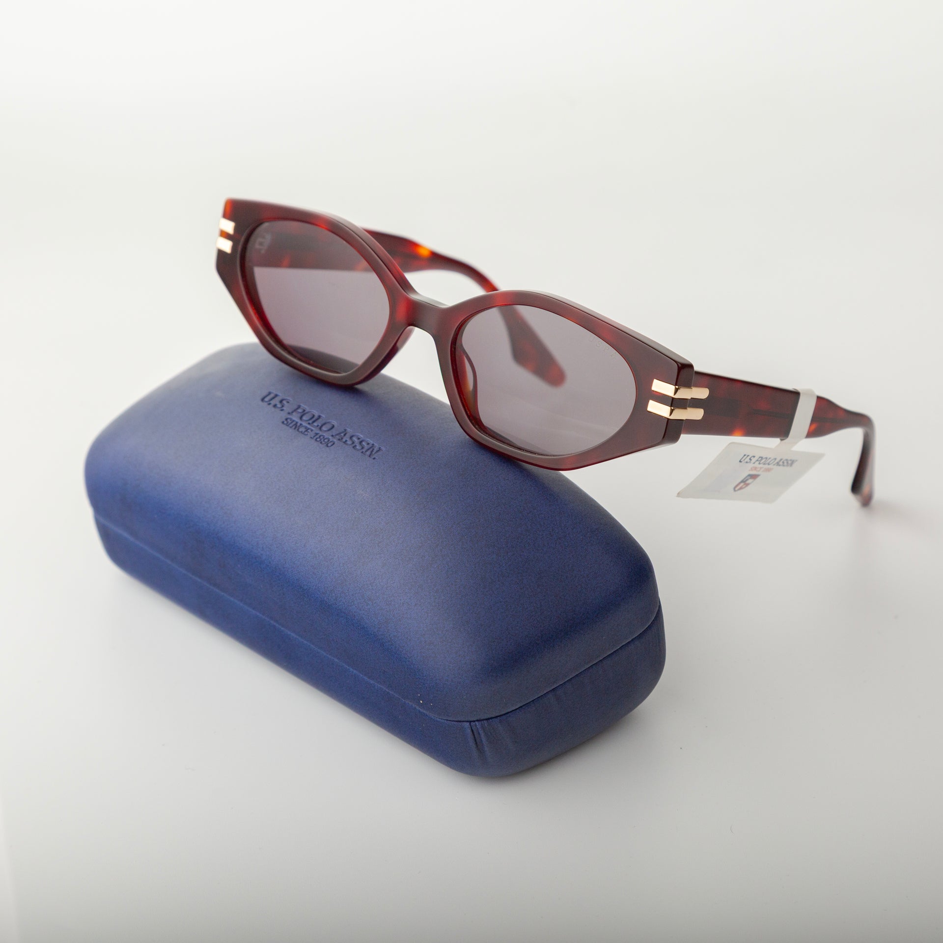 Sunglasses with a blue case on a light gray background