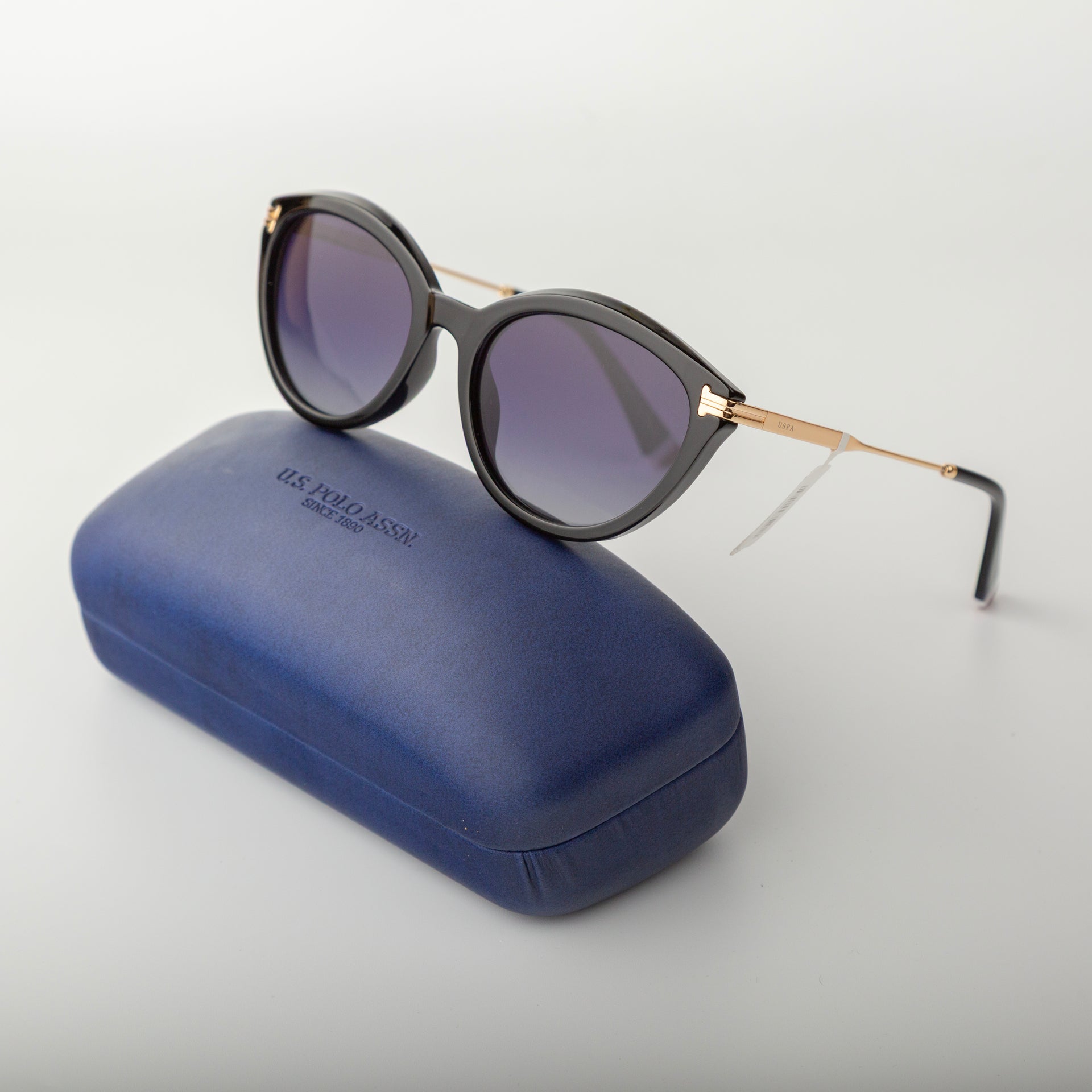 Black sunglasses with gold accents on a blue case against a light gray background