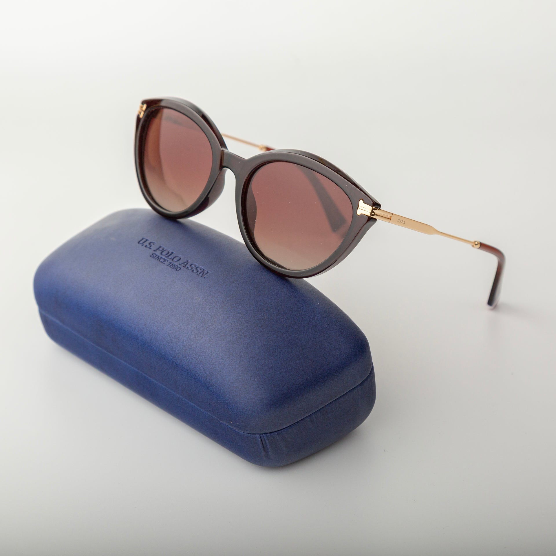 Sunglasses with brown lenses and gold frames on a blue case against a light gray background