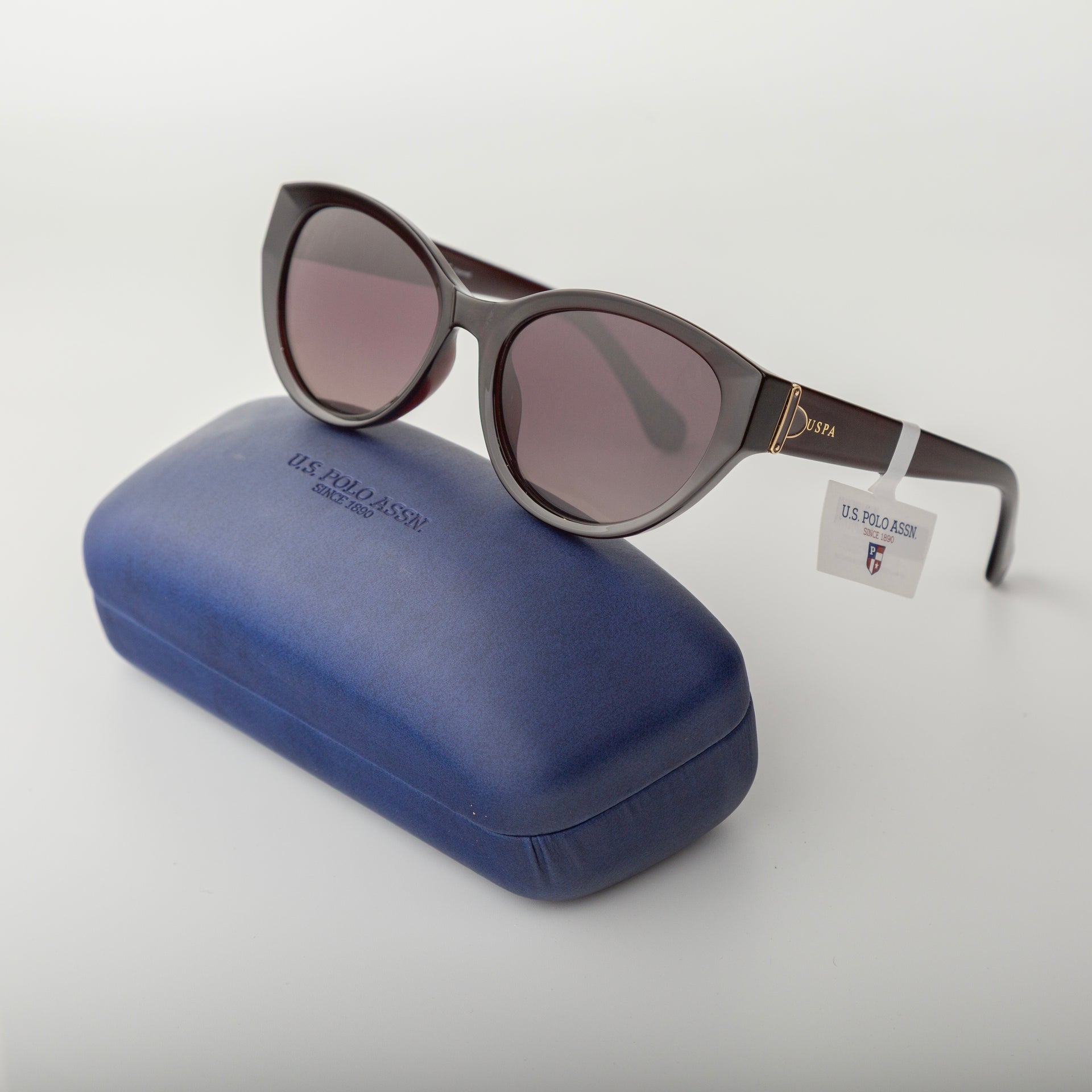 Sunglasses with a blue case on a white background