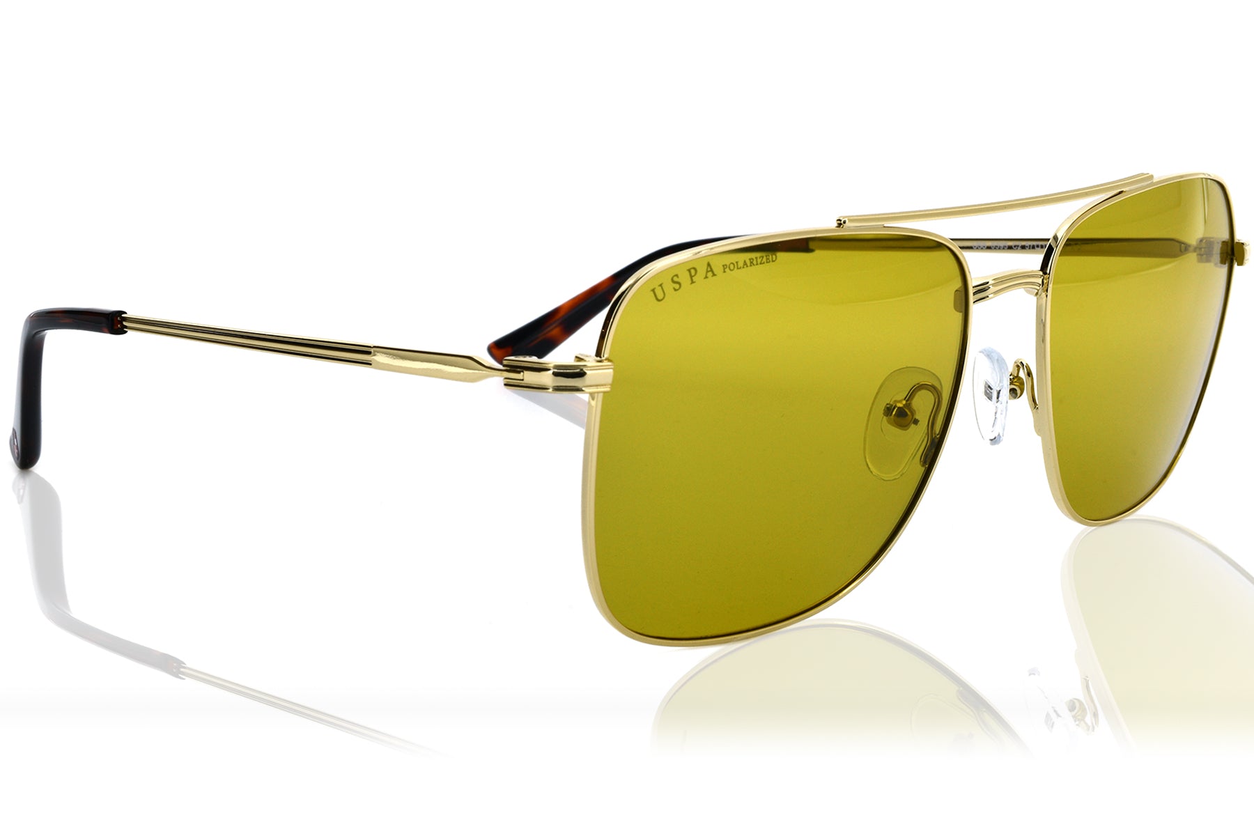 Gold-framed sunglasses with yellow lenses on a white background
