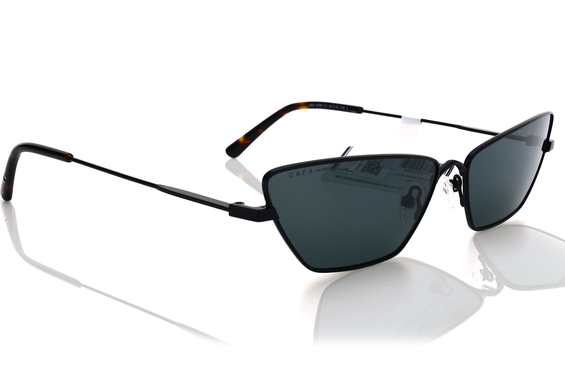 Black cat-eye sunglasses with reflective lenses on a white background