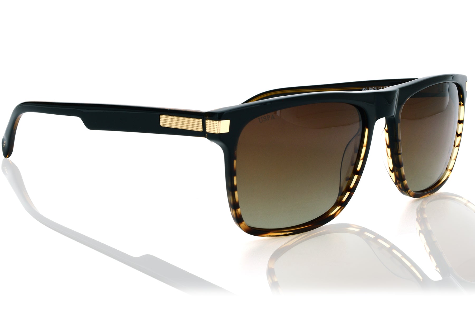 Sunglasses with black frame and brown lenses on a white background