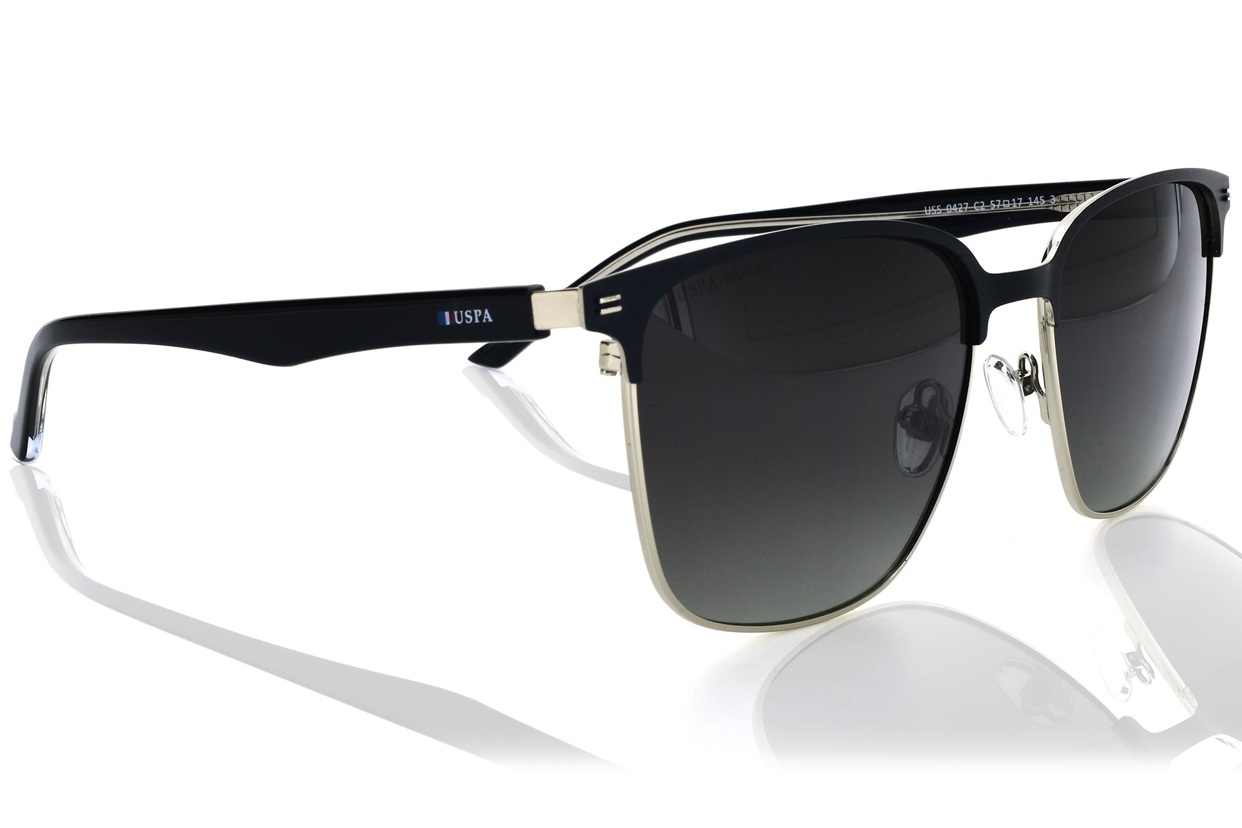 Sunglasses with black frames and dark lenses on a white background