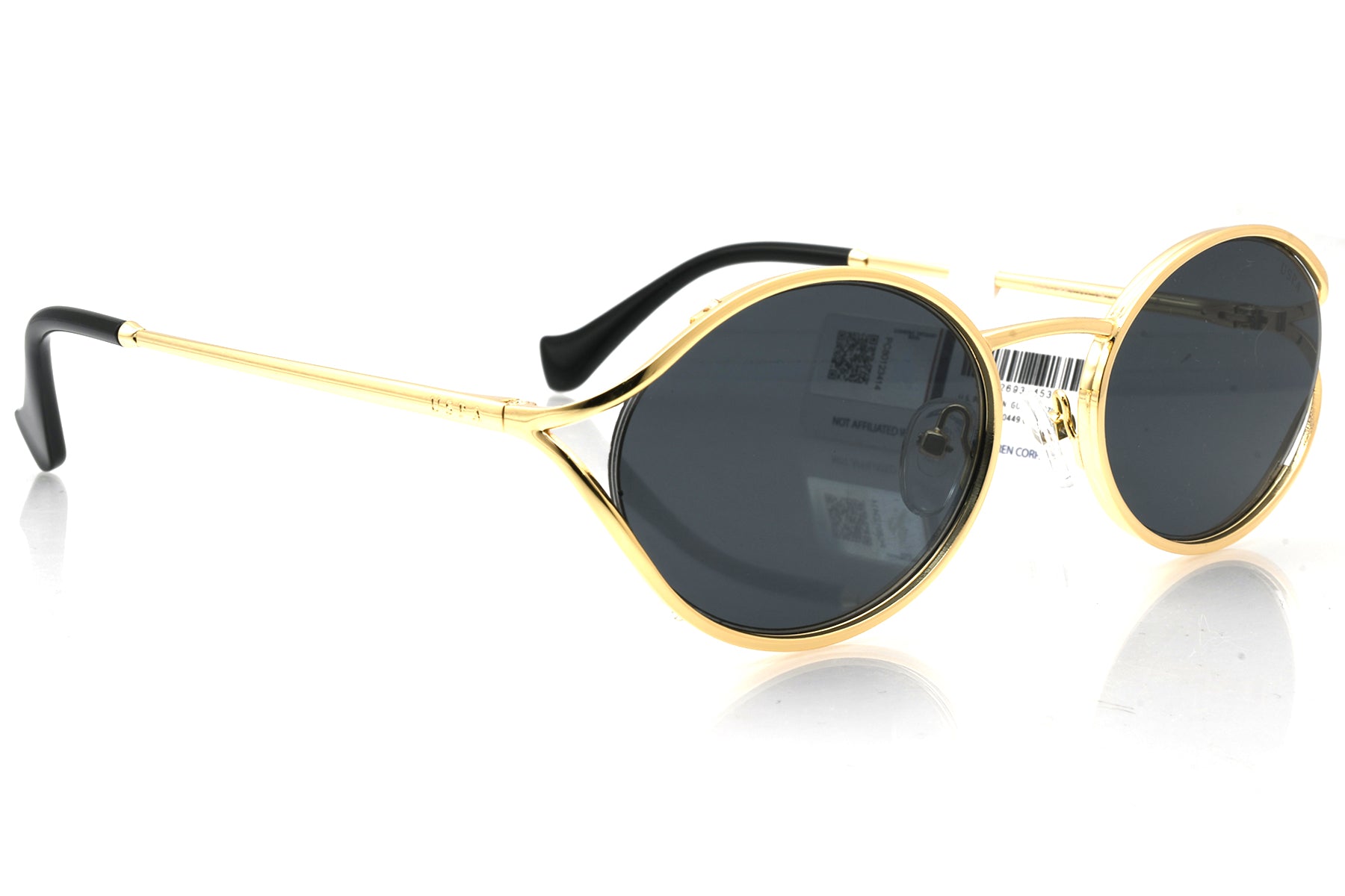 Gold-framed sunglasses with black lenses on a white background