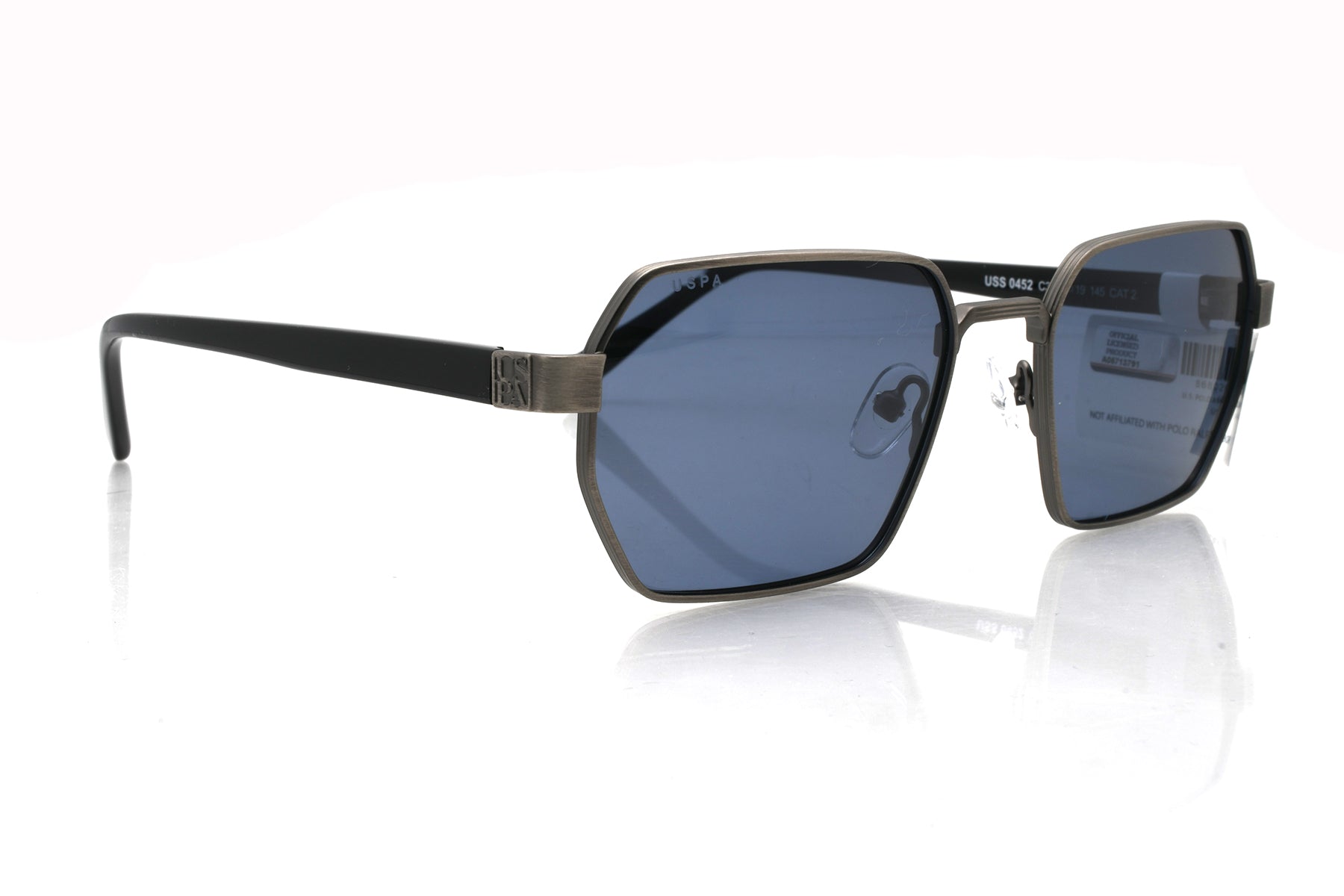 Sunglasses with black frame and blue lenses on a white background