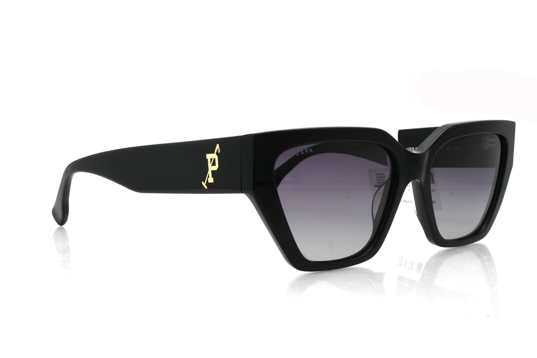 Black sunglasses with a logo on the frame against a white background