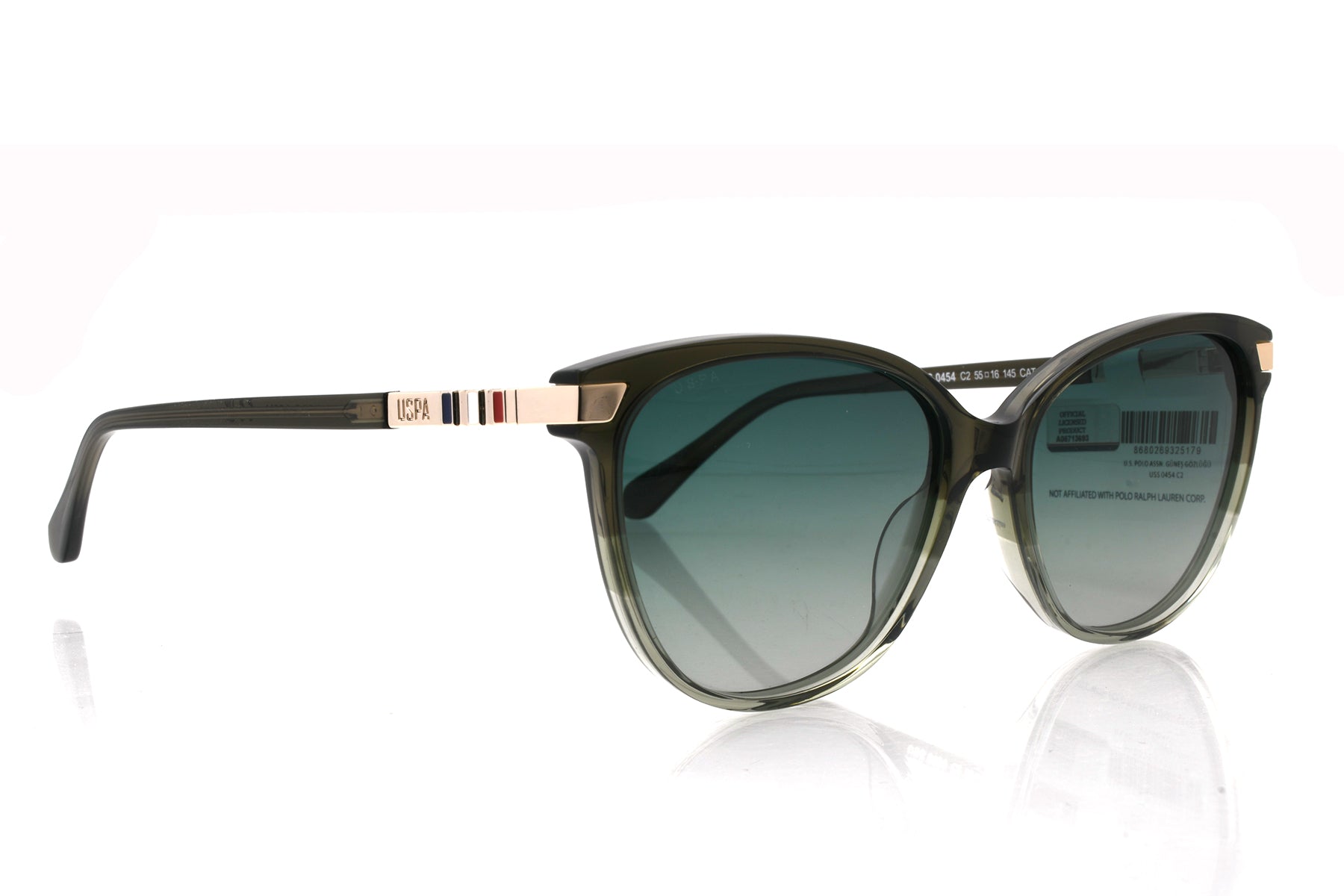 Sunglasses with dark frames and gradient lenses on a white background
