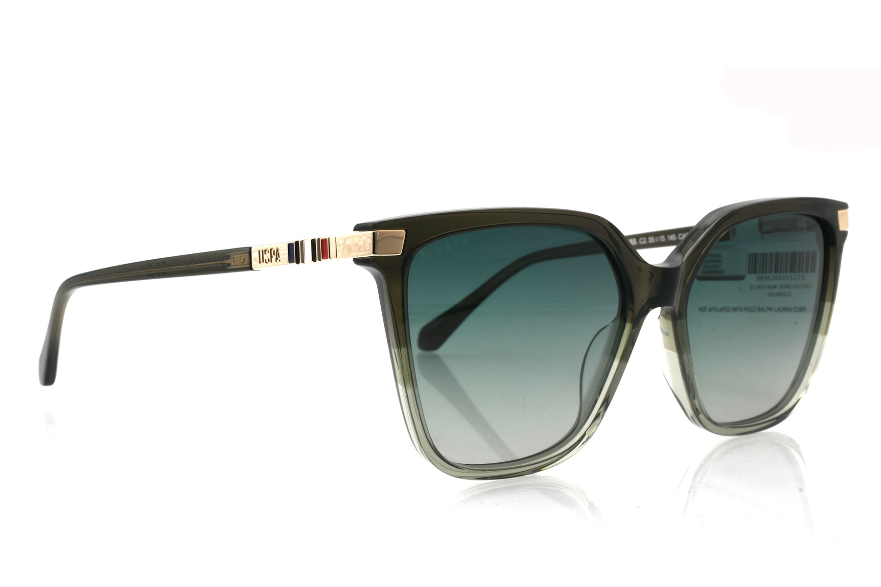Sunglasses with gold accents on a white background