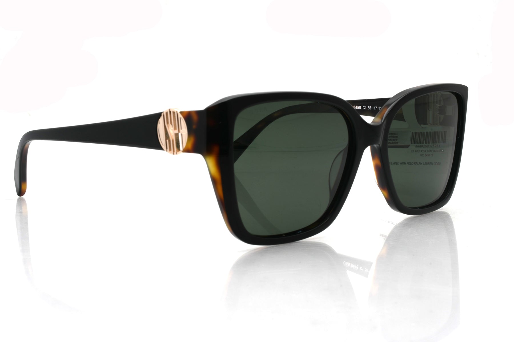 Sunglasses with tortoiseshell frame and dark lenses on a white background
