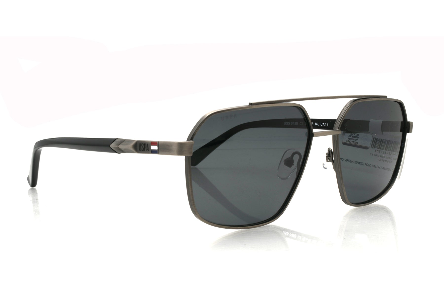 Sunglasses with a metallic frame and dark lenses on a white background