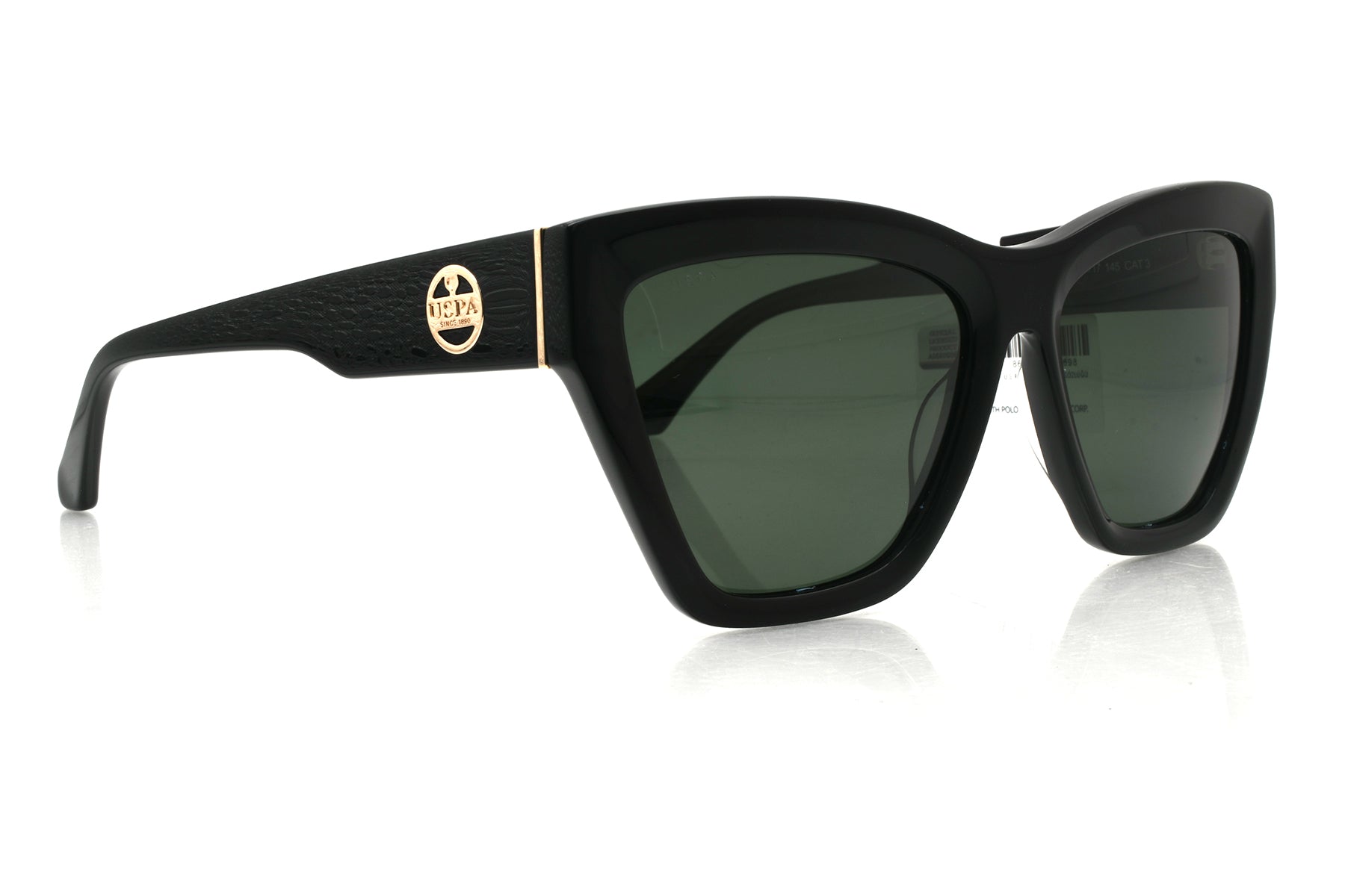 Black sunglasses with gold accents on a white background