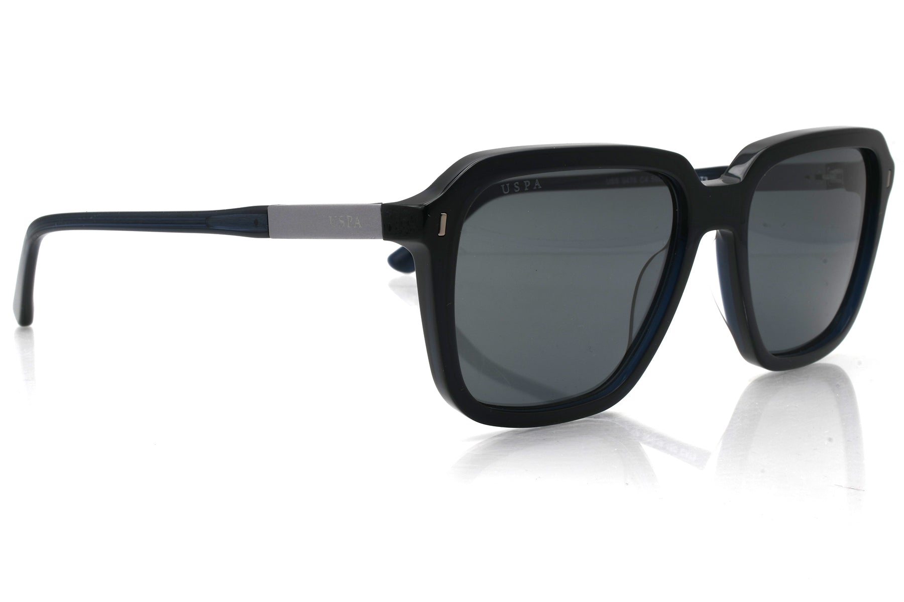 Black sunglasses with a reflective surface on a white background