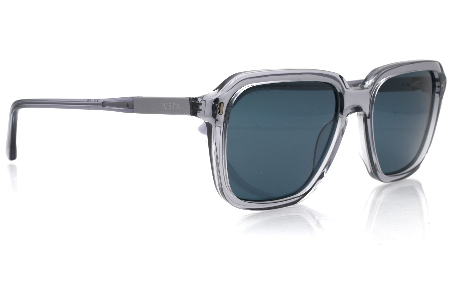 Clear frame sunglasses with dark lenses on a white background