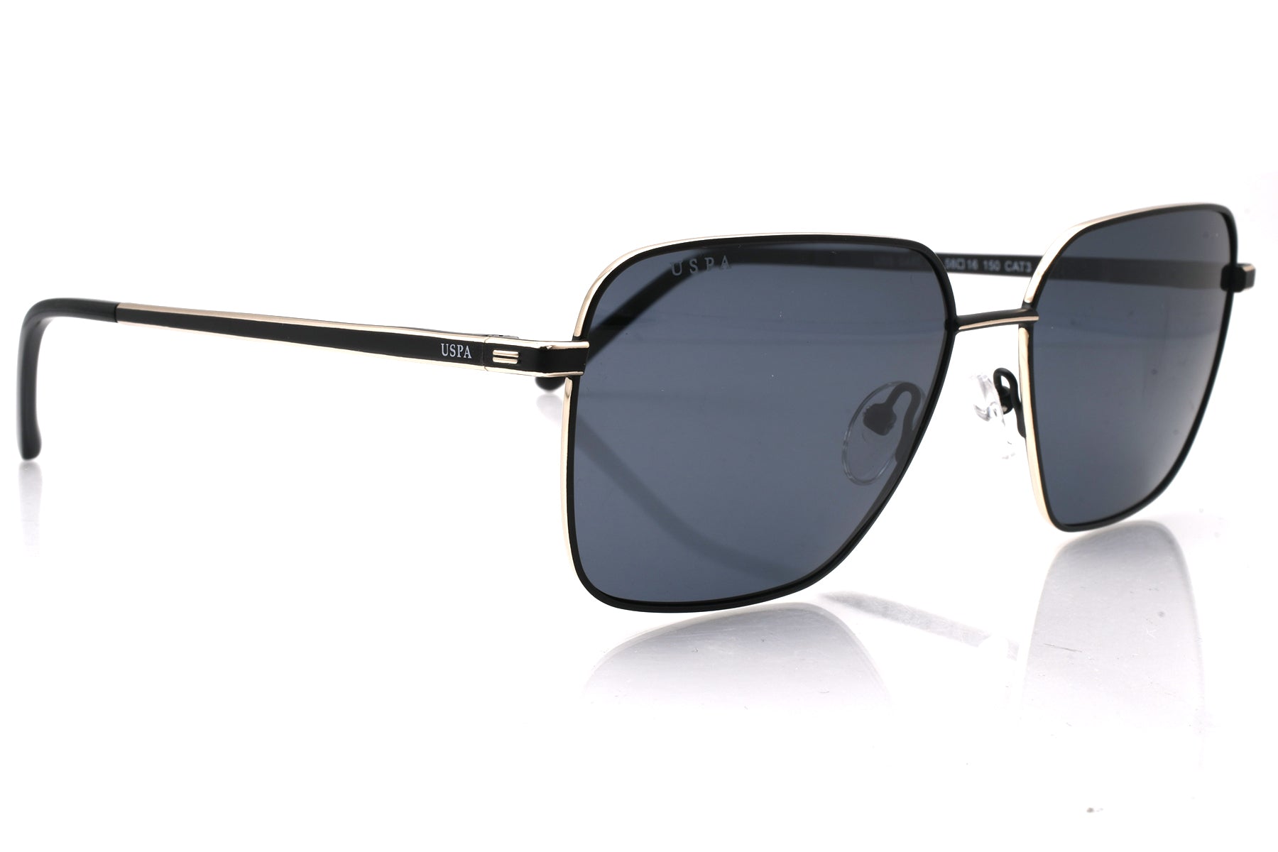 Sunglasses with black frame and dark lenses on a white background