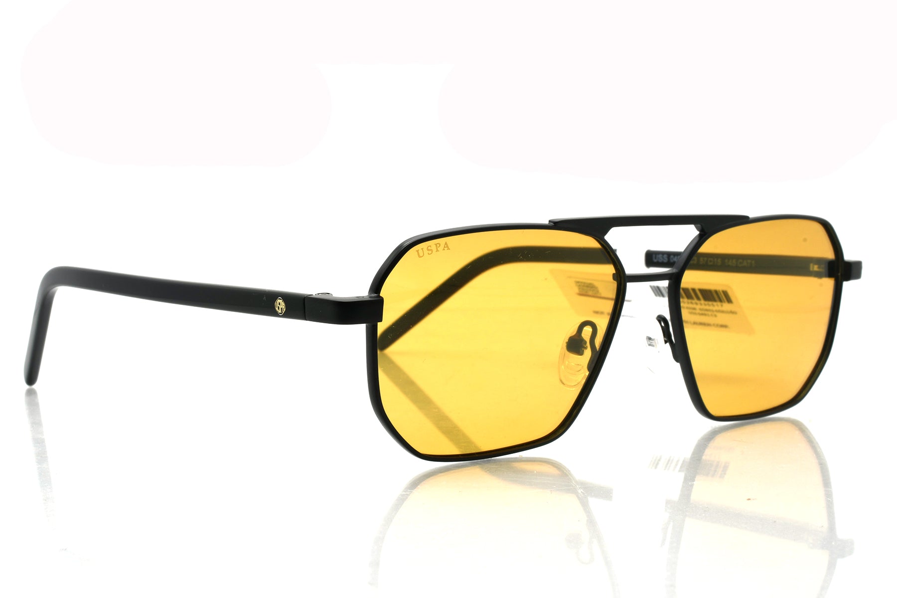 Sunglasses with black frame and yellow lenses on a white background