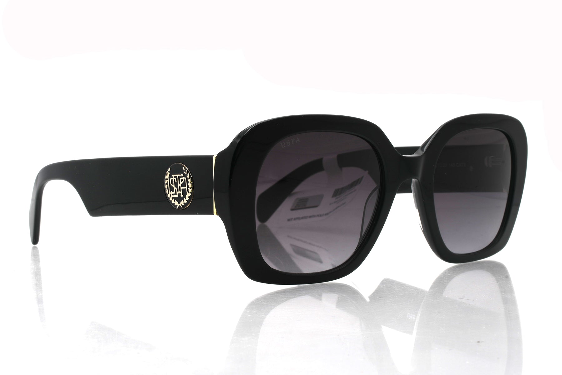 Black sunglasses with a reflective surface on a white background