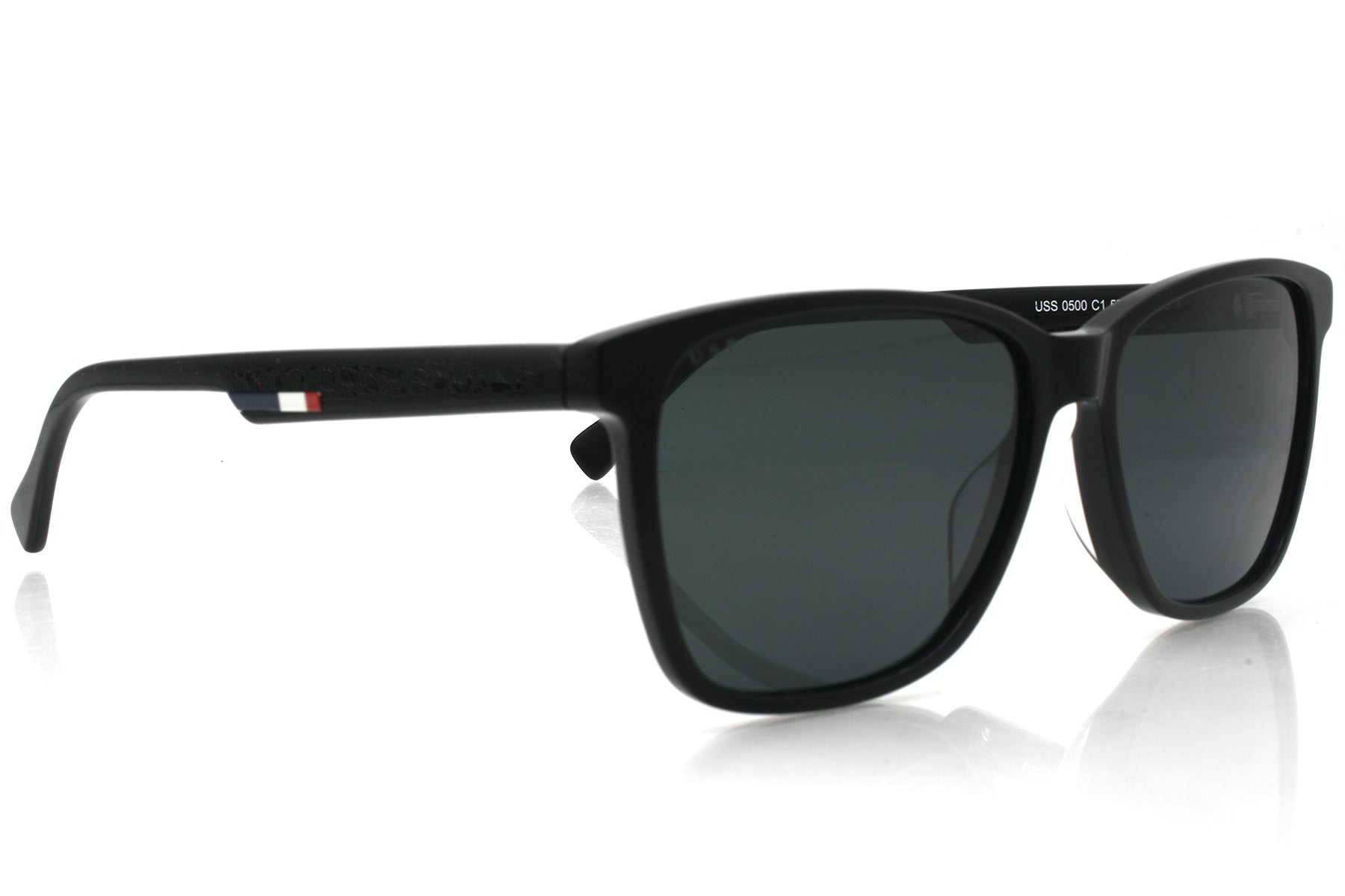 Black sunglasses with a reflective surface on a white background