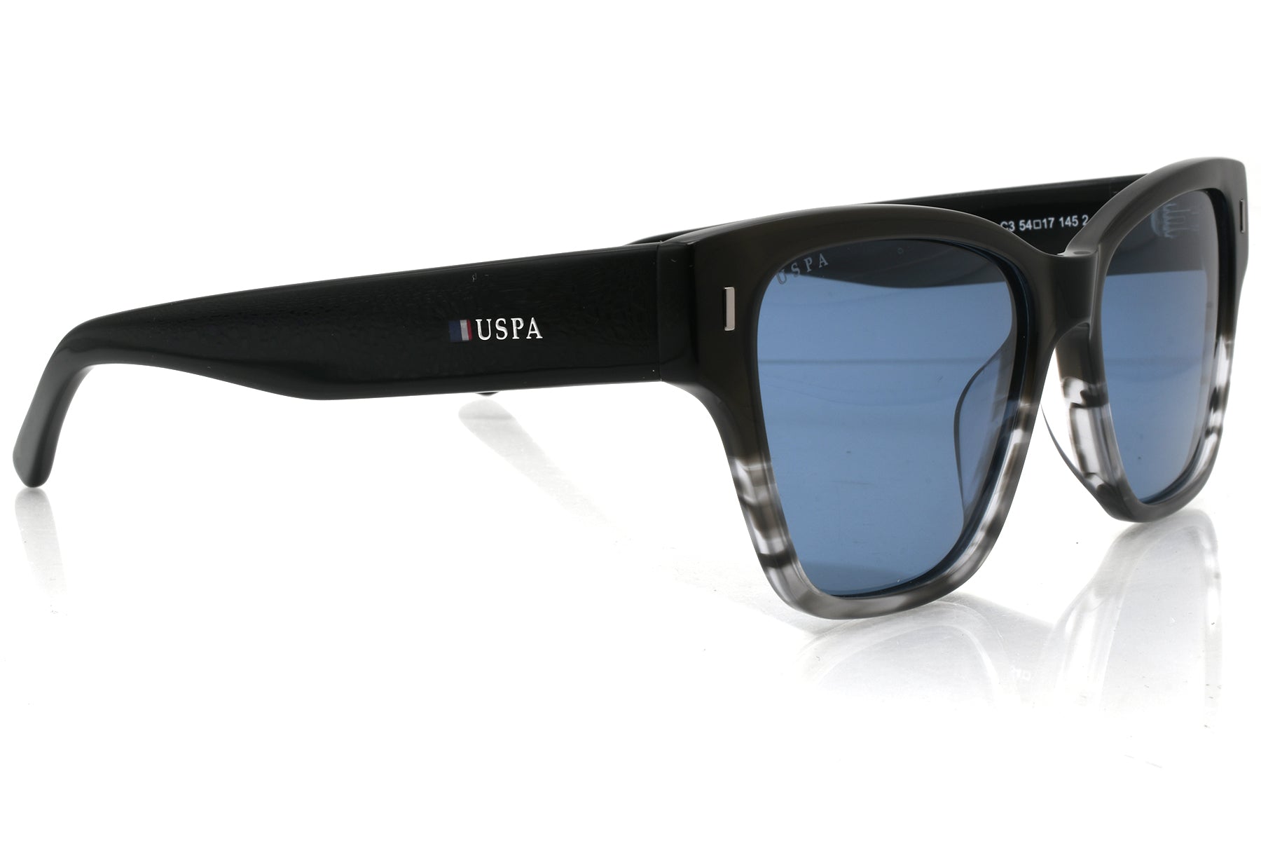Black sunglasses with blue lenses on a white background