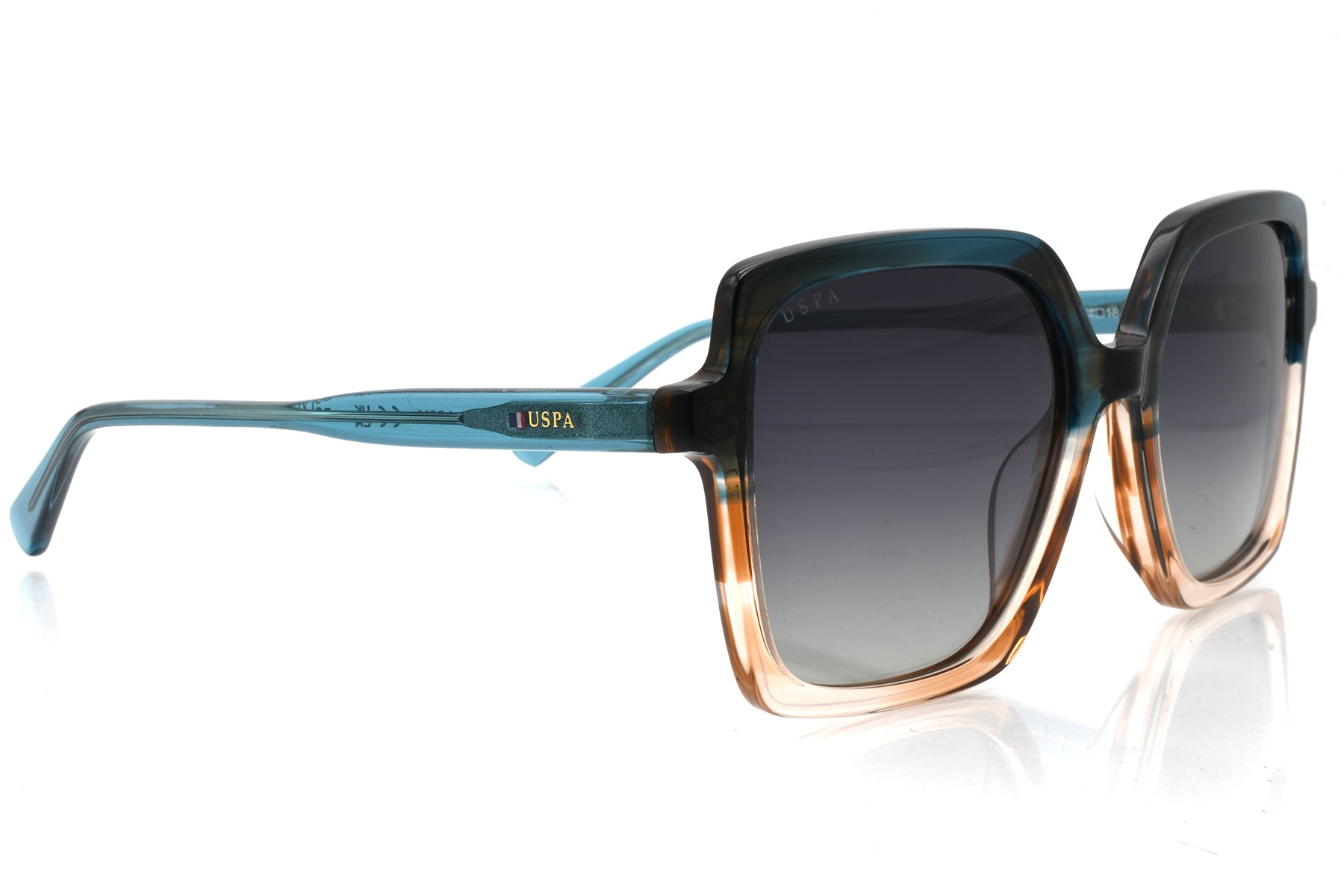 Sunglasses with a blue and brown frame on a white background