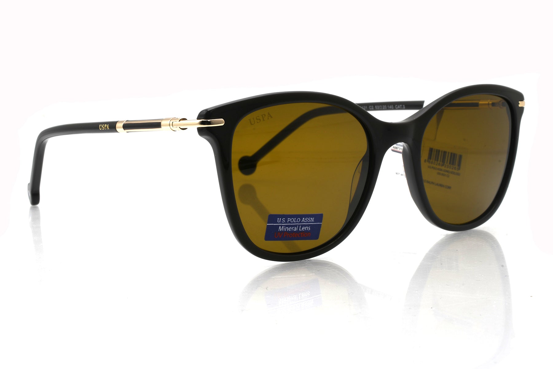 Black sunglasses with gold accents on a white background