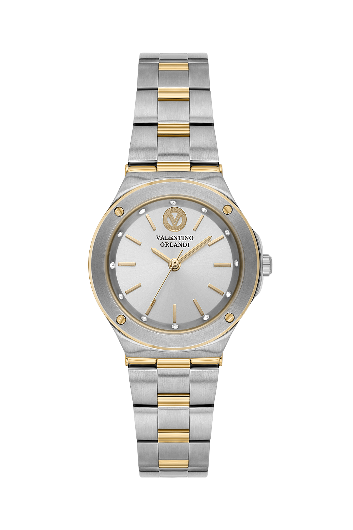 A two-tone stainless steel and gold Valentino Orbani watch with a silver dial, shown against a plain white background.