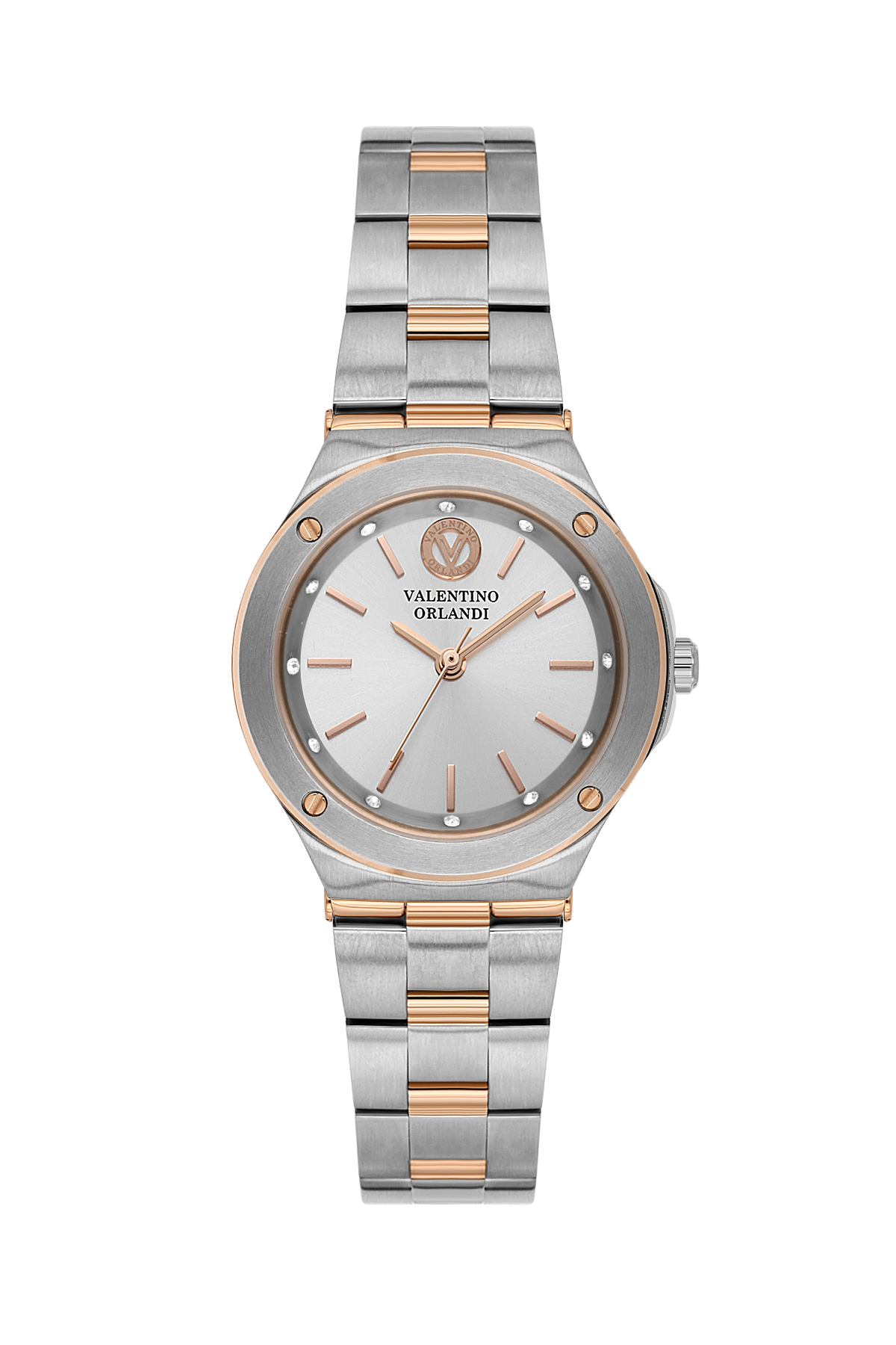 A two-tone stainless steel and rose gold wrist watch by Valentino Orlando, featuring a silver dial, silver bezel, and a matching two-tone metal link bracelet, shown against a plain white background.
