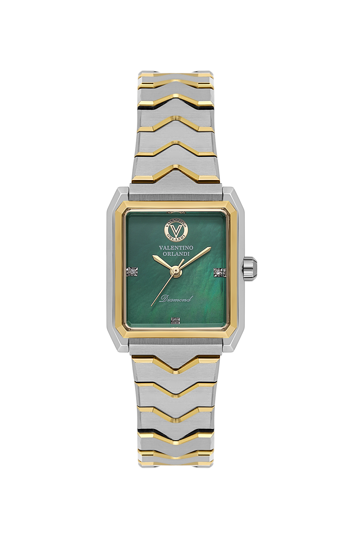 A Valentino Orologio men's watch featuring a silver-toned stainless steel and gold-toned chevron link bracelet, a gold bezel, and a green dial with a silver-tone case.