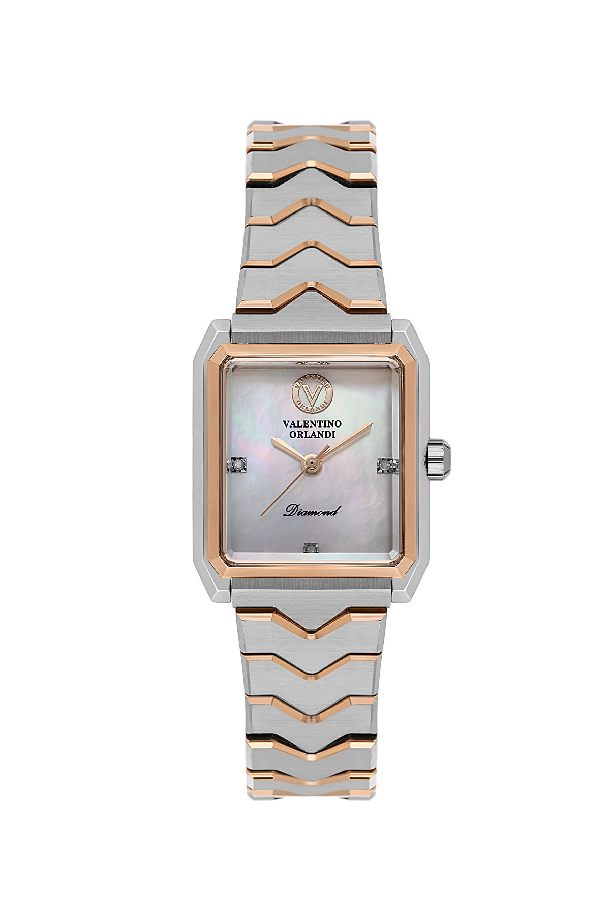 A Valentino Orlando women's watch featuring a two-tone silver and rose gold chevron link bracelet, a silver-toned case with rose gold trim, and a pearlescent mother-of-pearl dial with diamond hour markers.