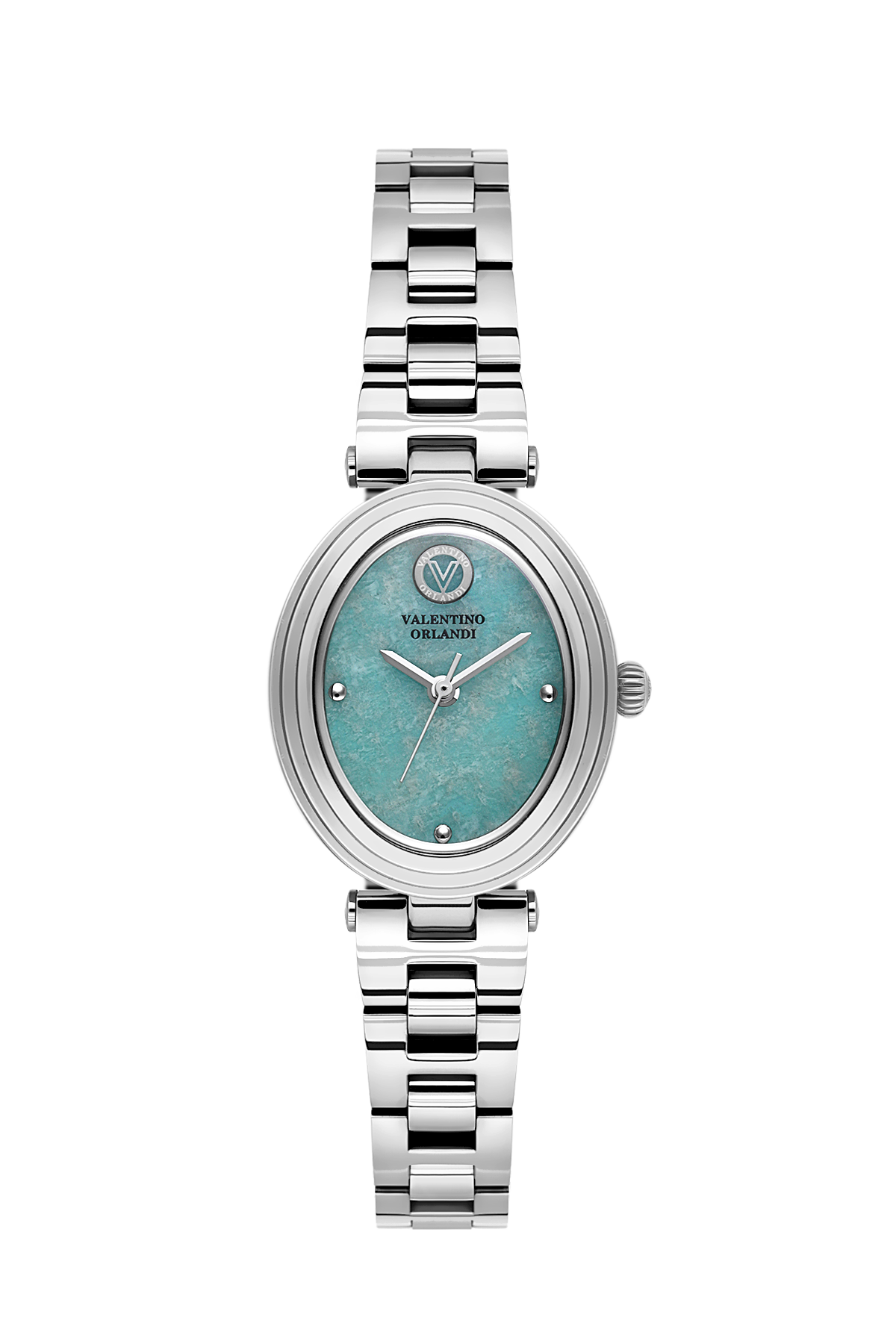 A women's analog watch by Galando, featuring a round silver stainless steel case, a silver link bracelet, and a turquoise blue dial with a textured pattern.