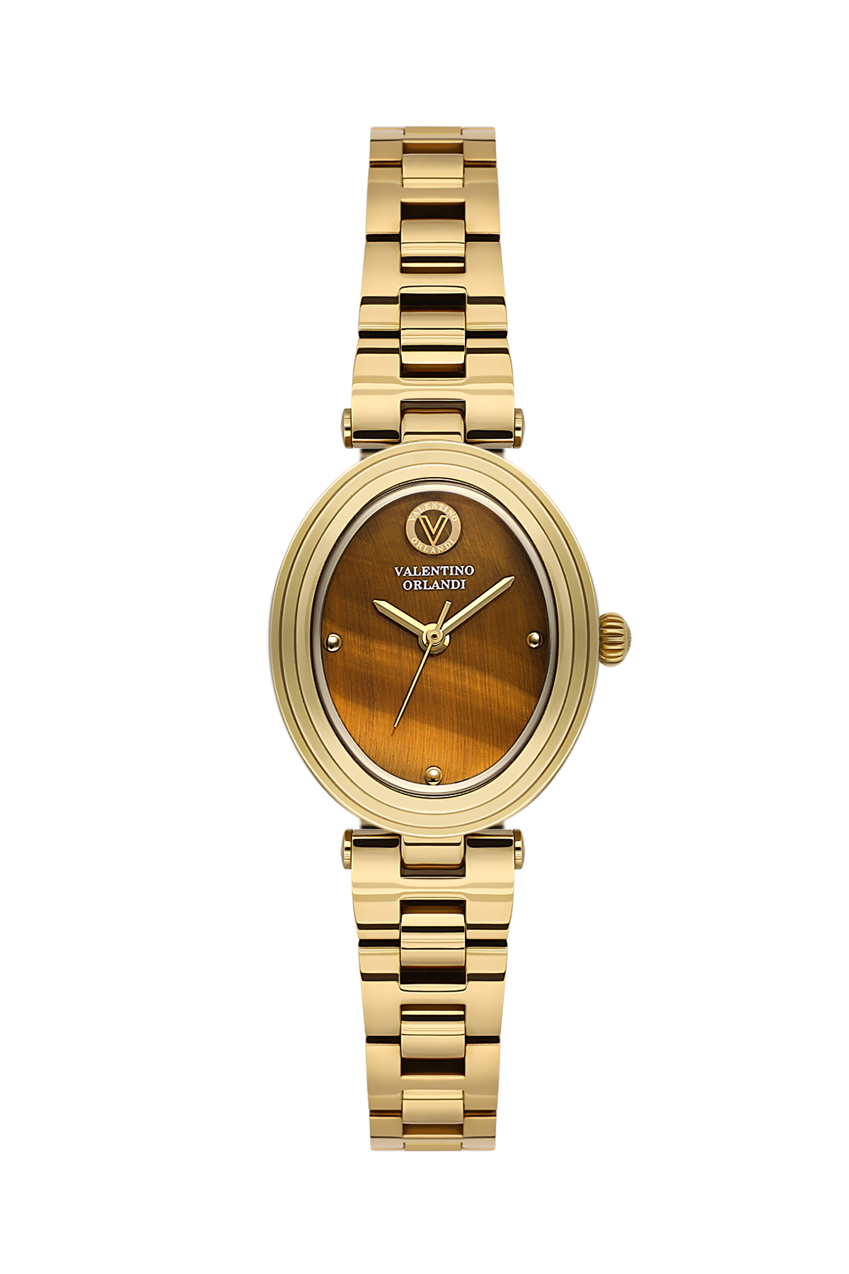 A gold-tone Valentino Orgasmic watch with a round bezel, a brown tiger-eye pattern dial, and a matching gold-tone link bracelet, shown against a plain white background.