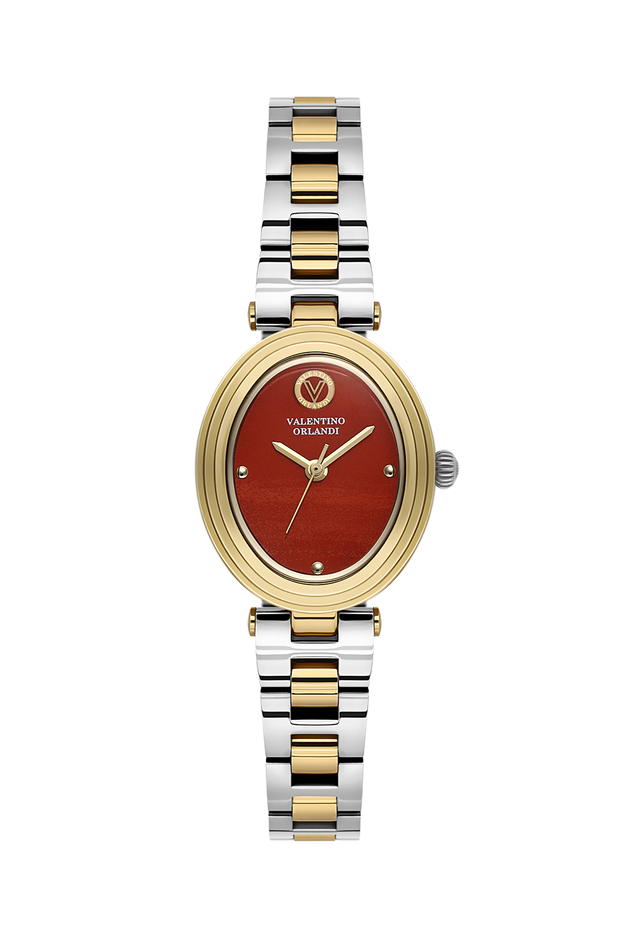 A women's two-tone Valentino Orlang watch with a round gold-tone case, a textured red dial, and a link bracelet alternating between gold and silver-tone stainless steel.