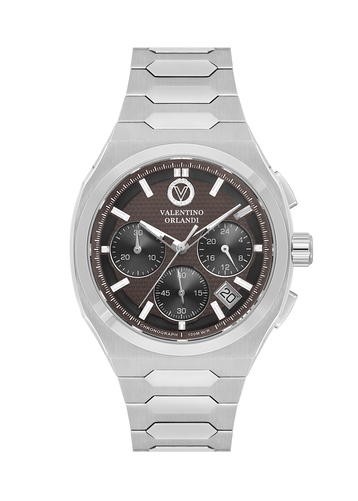 A silver stainless steel wristwatch with a dark brown dial, featuring three sub-dials, a date window, and a silver link bracelet, shown against a plain white background.