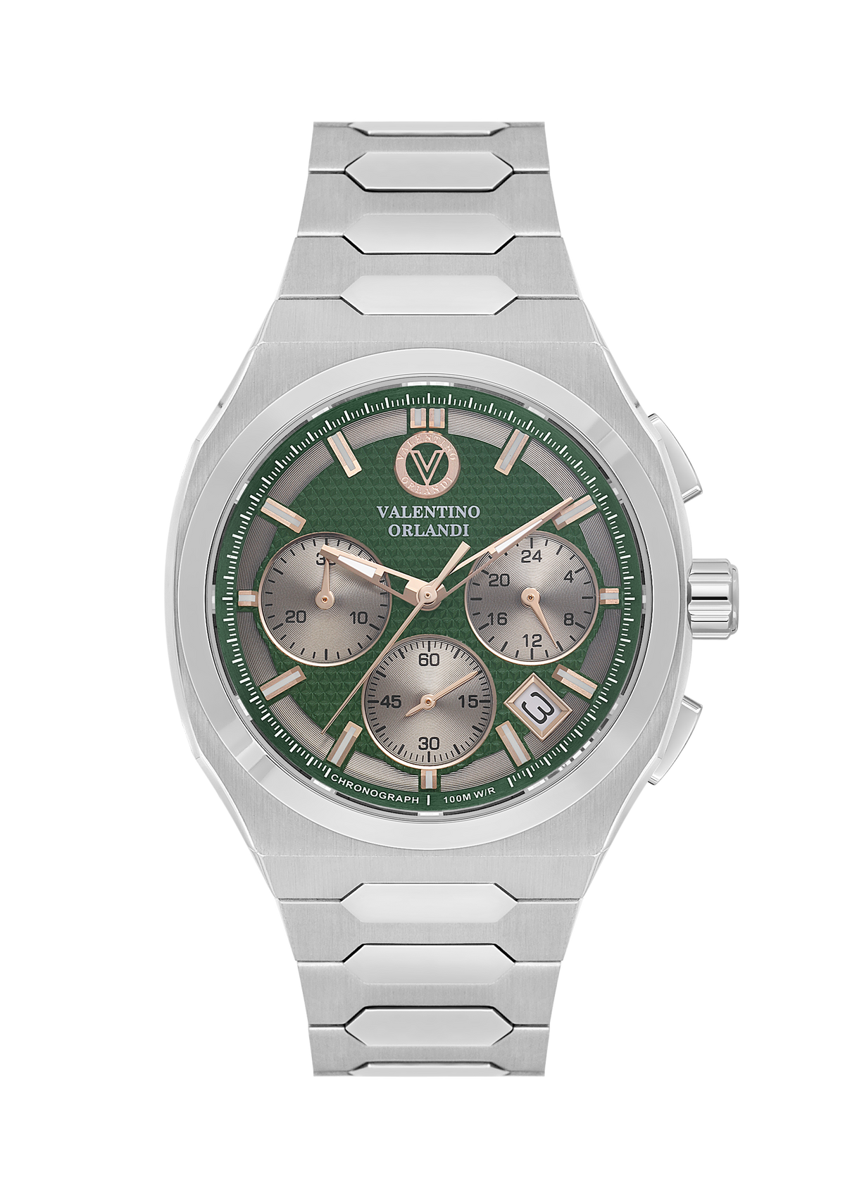 A silver stainless steel chronograph watch with a green dial and rose gold-tone accents, featuring a multi-link bracelet and a date window.