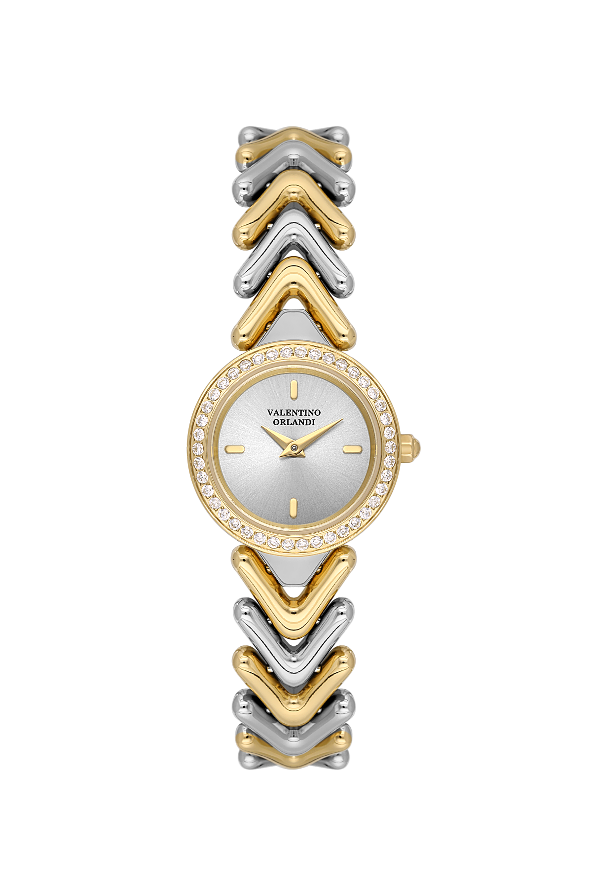A two-tone Valentino Orlando watch with a silver and gold chevron link bracelet, a silver dial, and a bezel set with small clear crystals, shown on a plain white background.