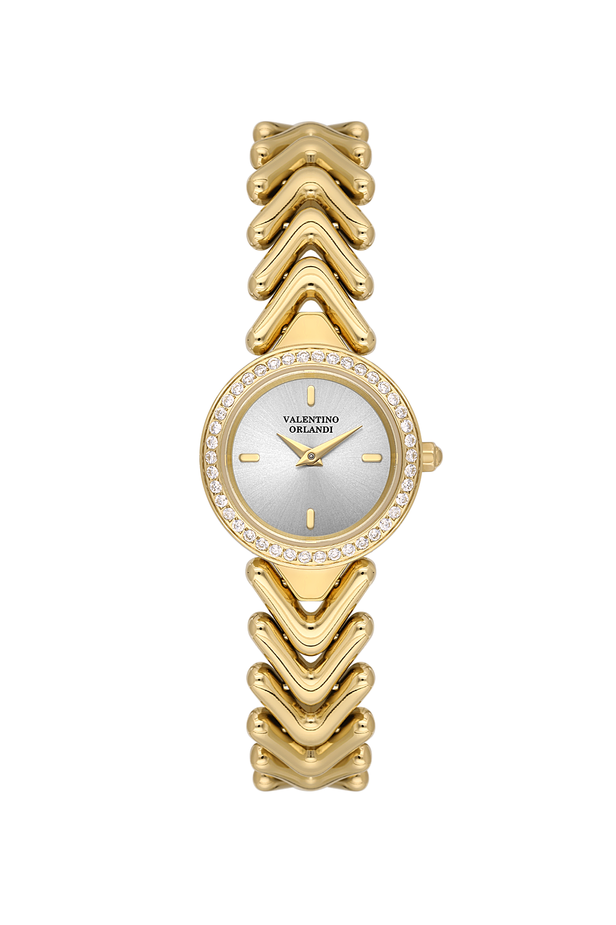 A gold-tone Valentino Orbani watch with a distinctive chevron-patterned metal bracelet, a silver dial, and a bezel set with small clear crystals, shown on a plain white background.