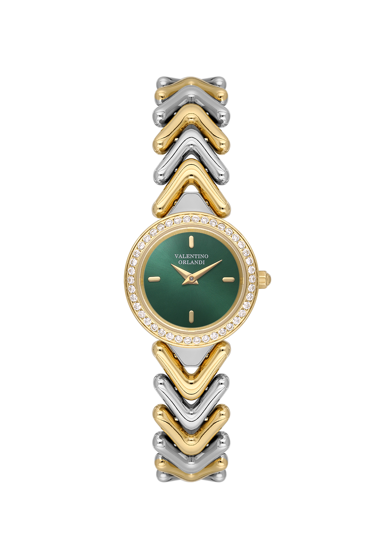 A Valentino Valmonto women's watch featuring a two-tone gold and silver chevron link bracelet, a green dial, and a bezel set with clear crystals, shown on a solid white background.