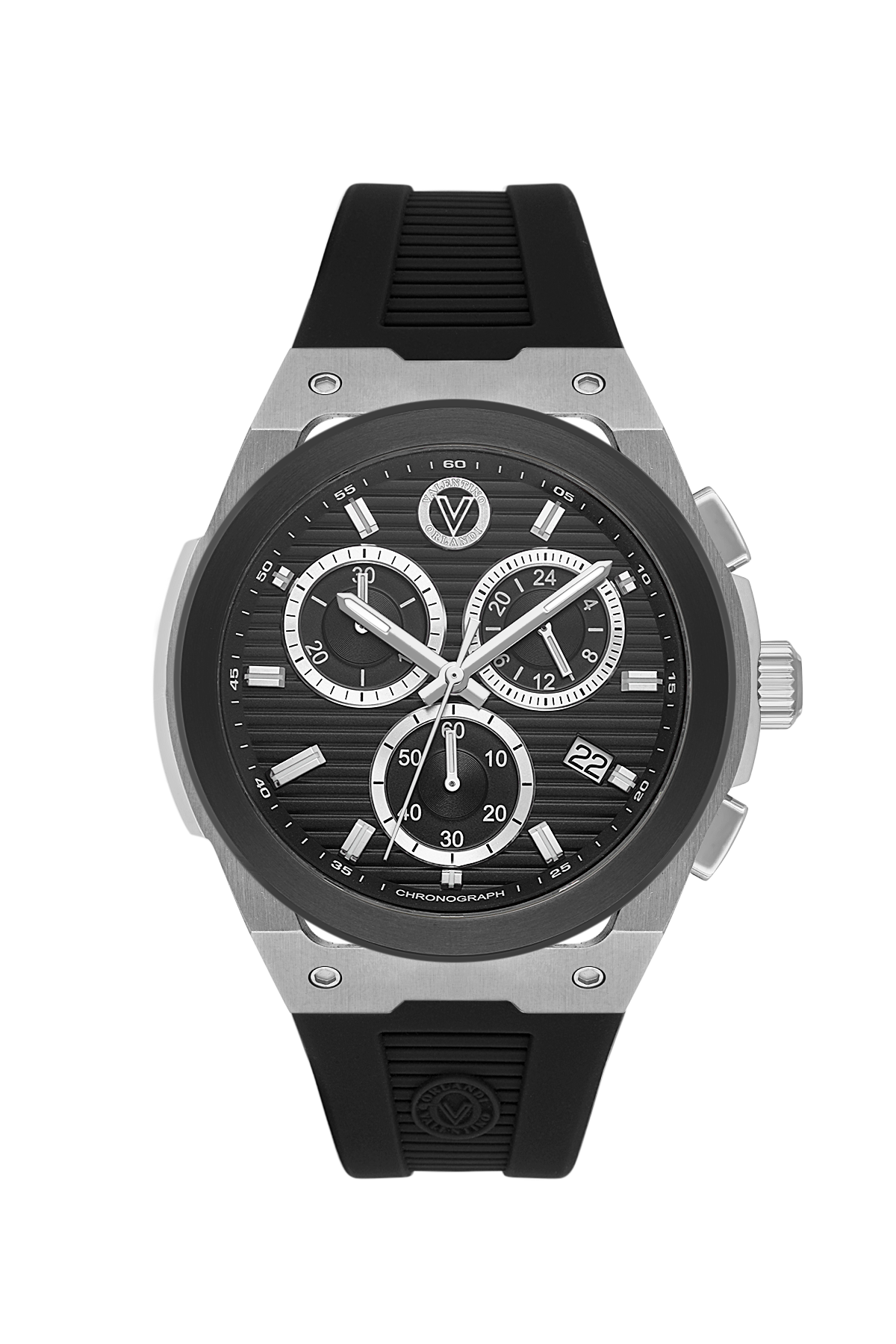 A men's chronograph watch with a black textured dial, silver-tone stainless steel case, and a black rubber strap, shown against a plain white background.