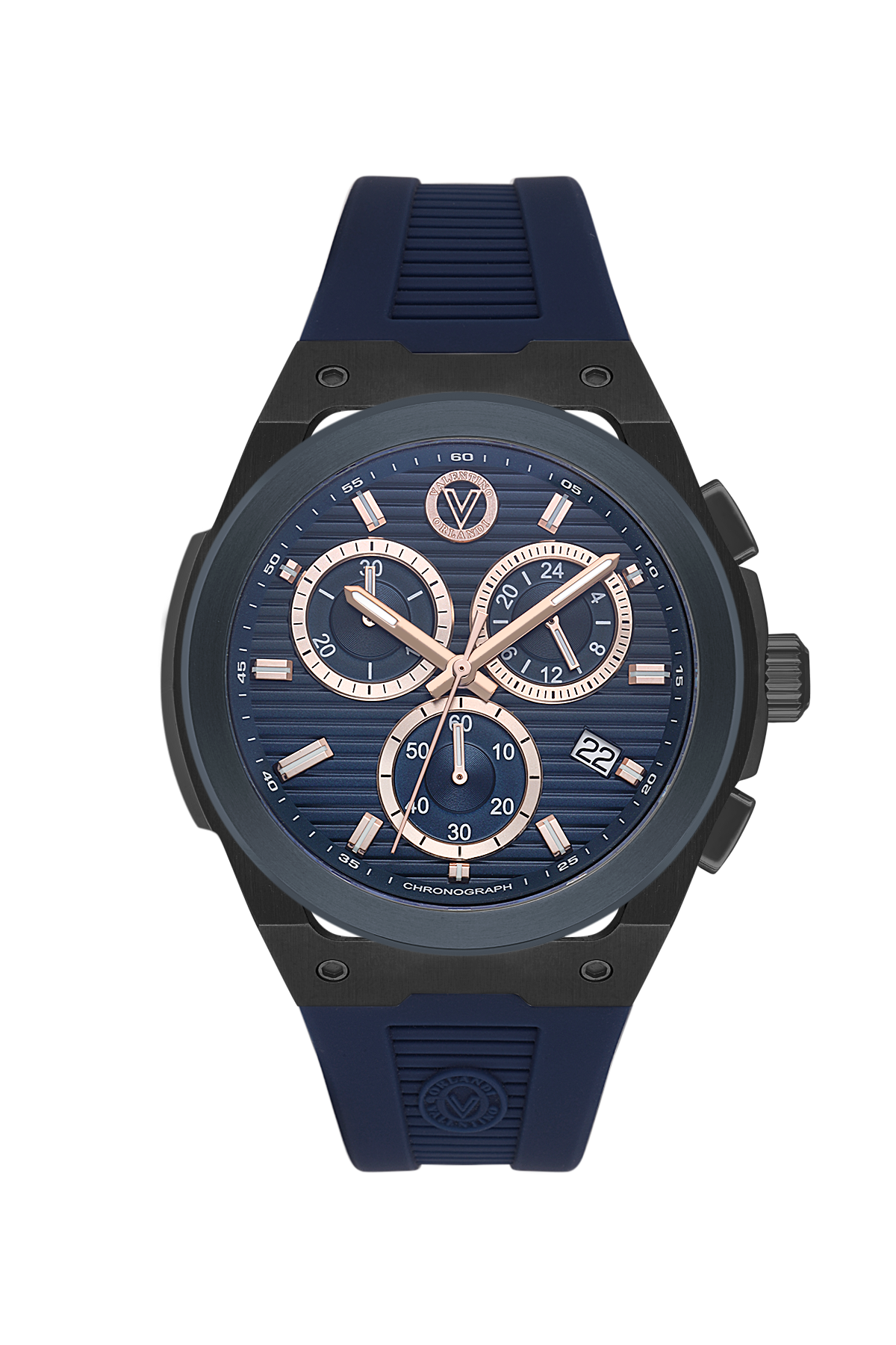 A men's chronograph watch featuring a dark blue dial with rose gold-tone hands and markers, housed in a black case with a textured dark blue silicone strap.