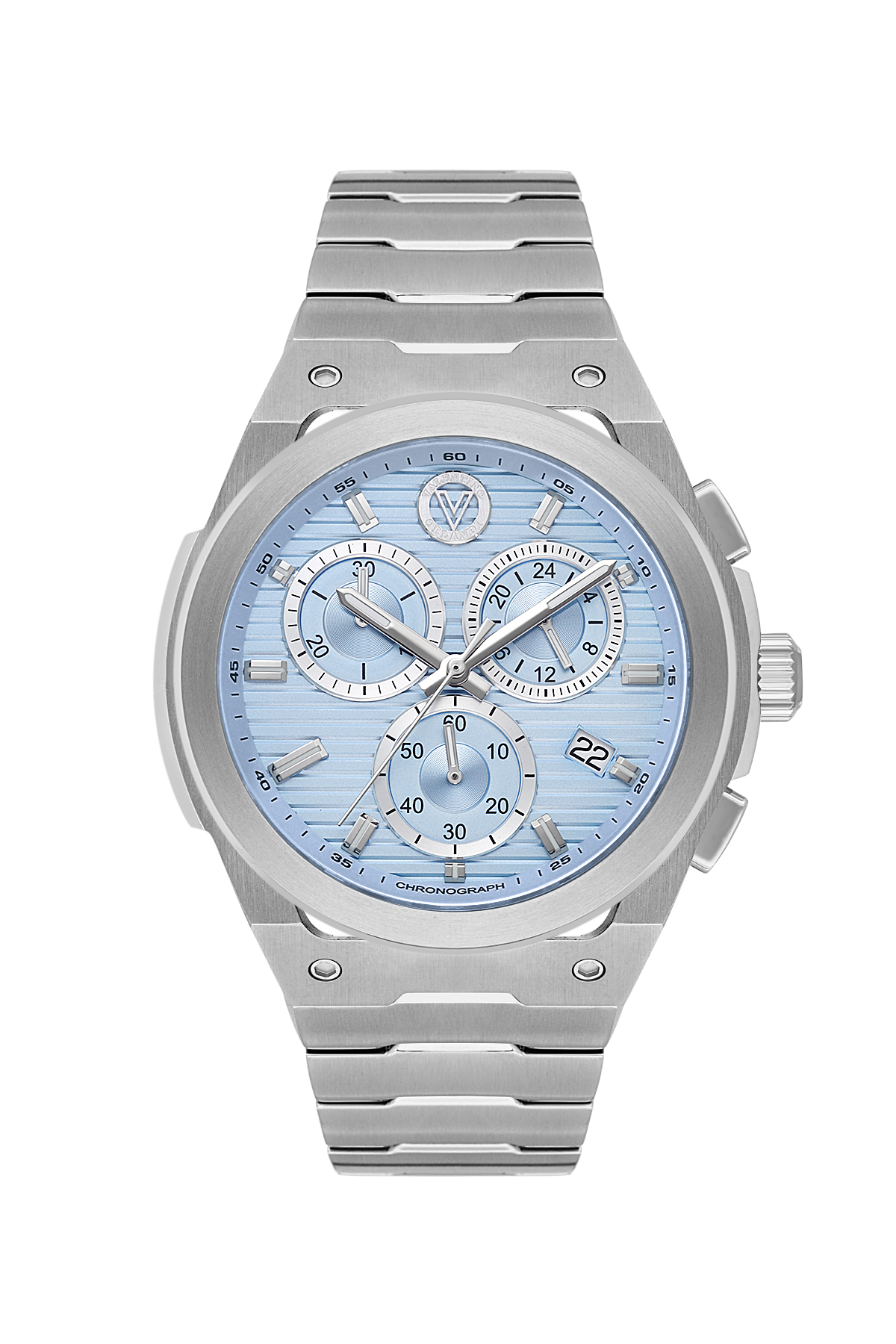 A silver stainless steel chronograph watch with a light blue dial and matching blue sub-dials, presented on a clean white background.