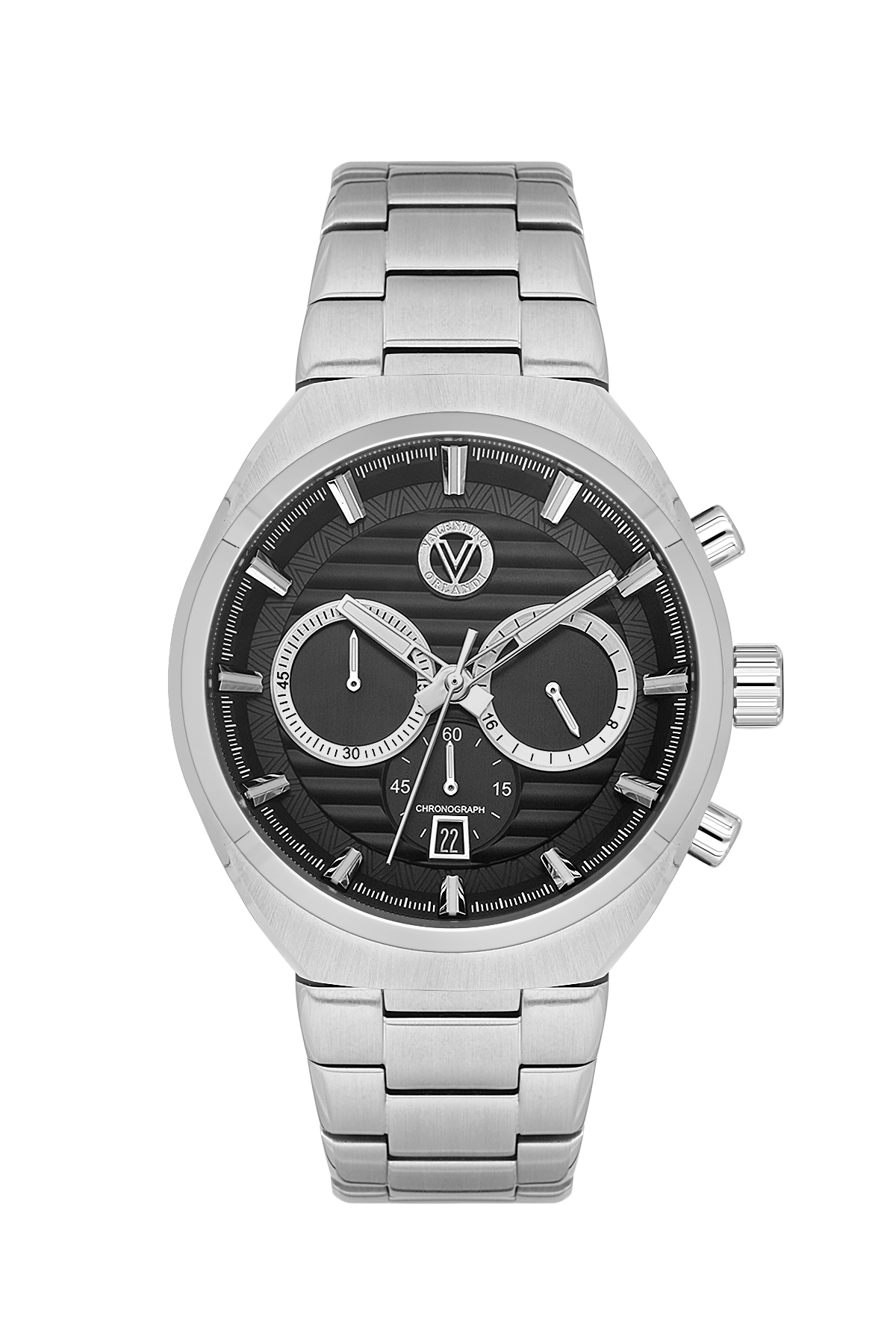A silver stainless steel chronograph watch with a black dial, featuring three sub-dials, silver-tone markers, and a matching metal link bracelet, shown against a plain white background.
