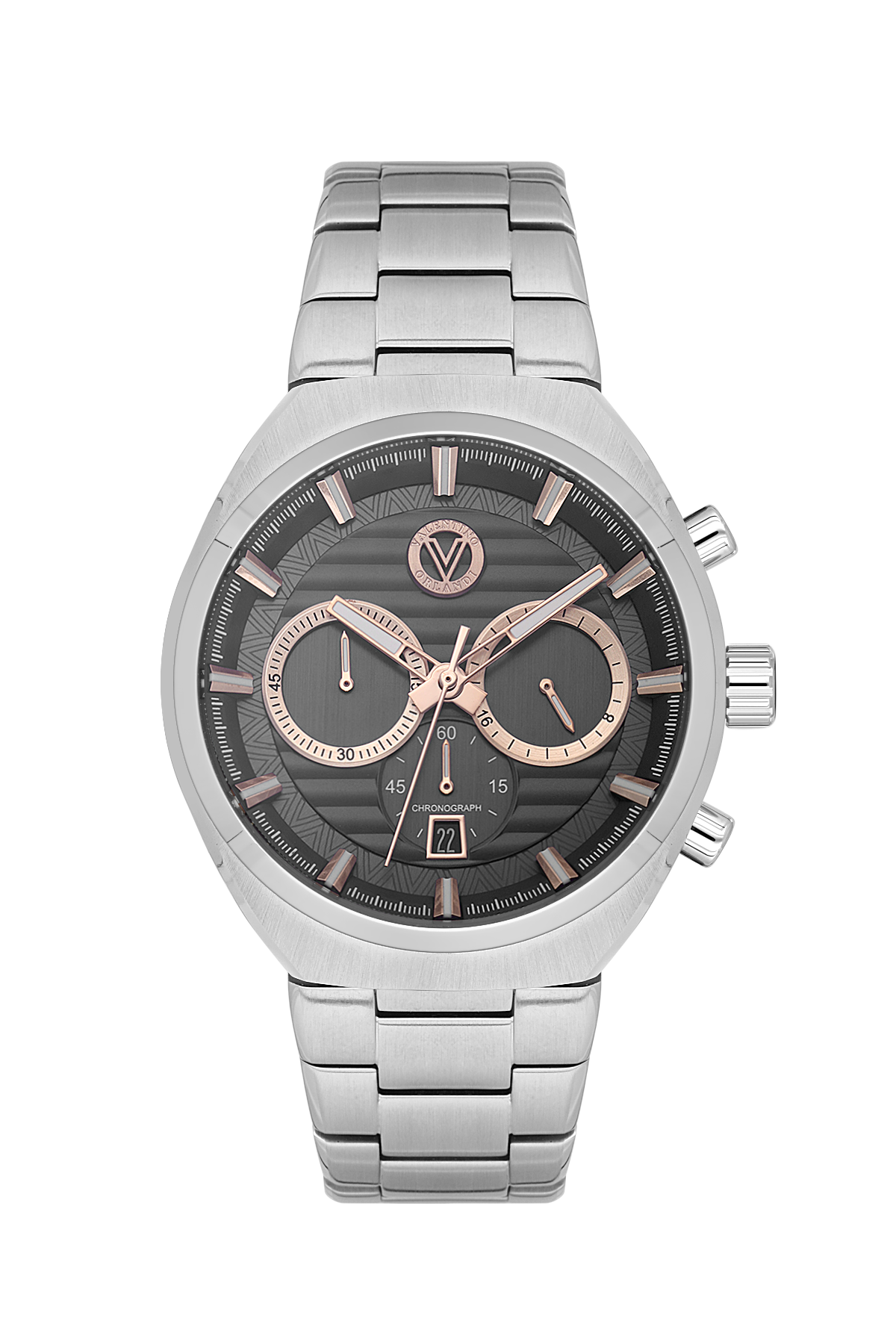 A men's stainless steel analog watch with a dark gray textured dial, rose gold-toned subdials and hands, and a matching steel link bracelet, shown against a plain white background.